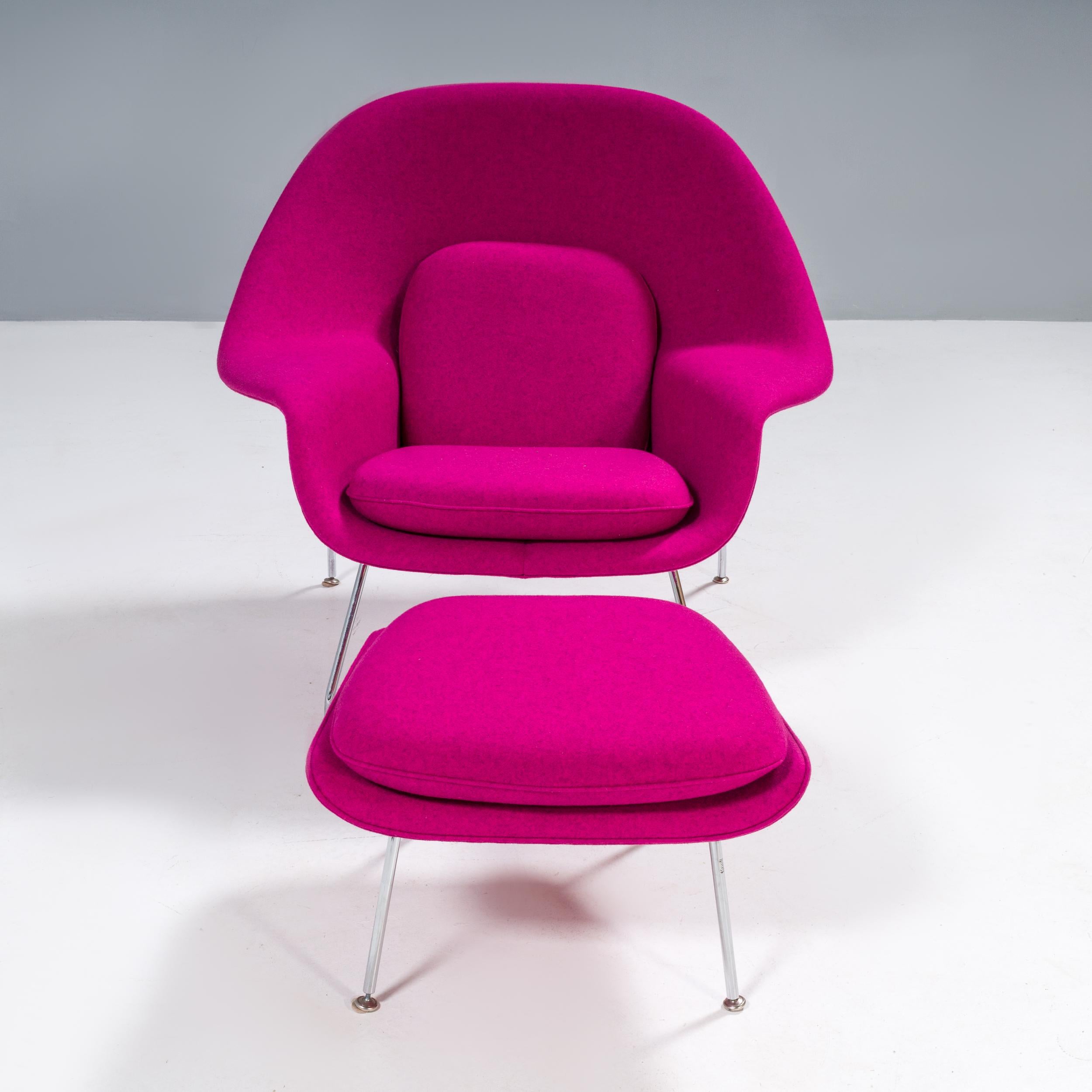This iconic chair was designed by prolific designer Eero Saarinen in 1948. 
Eero Saarinen designed the groundbreaking womb chair at Florence Knoll's request for “a chair that was like a basket full of pillows - something she could really curl up