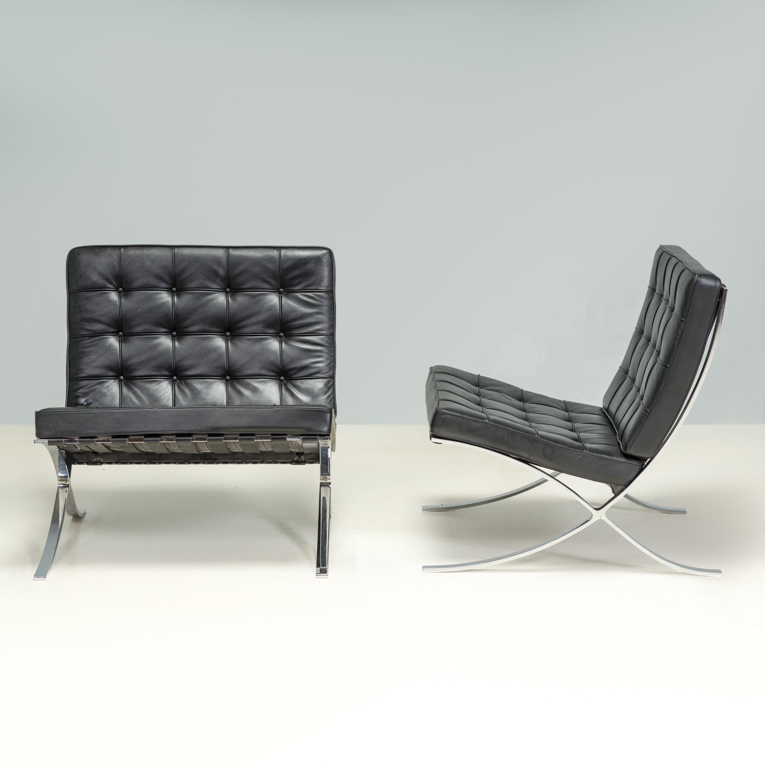 Italian Knoll by Mies Van der Rohe & Reich Black Leather Barcelona Armchairs, Set Of 2