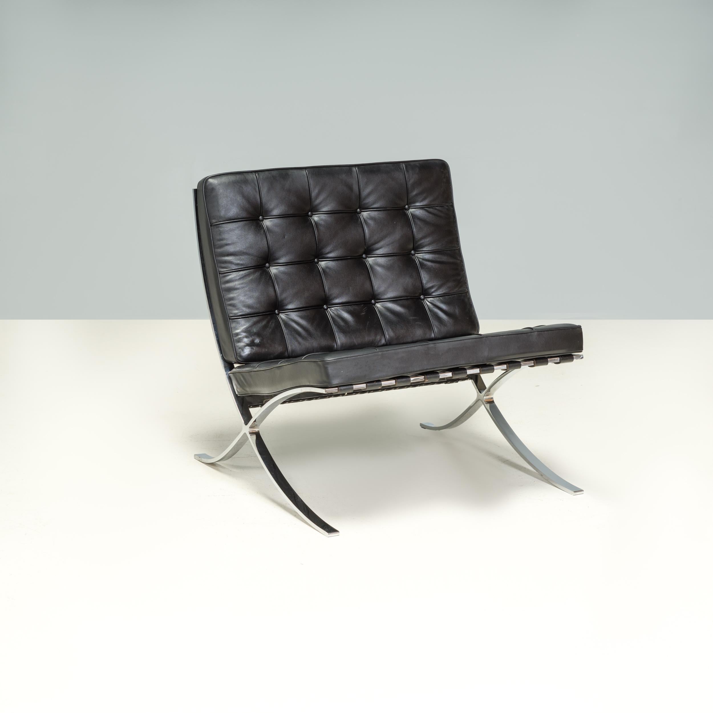 Early 20th Century Knoll by Mies Van der Rohe & Reich Black Leather Barcelona Armchairs, Set Of 2