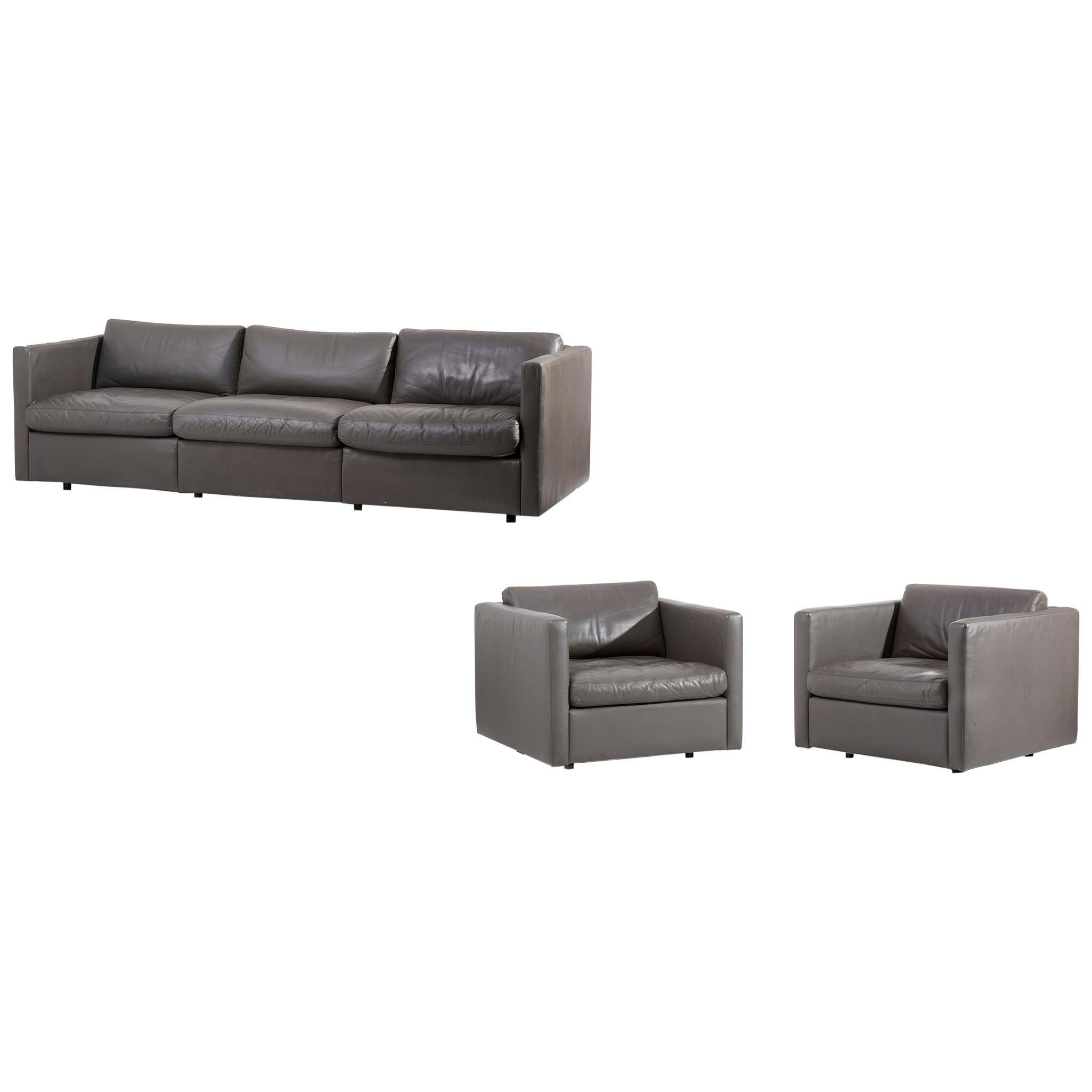 Knoll Charles Pfister Sofa Set in Grey Leather, USA, 1970s in Gray For Sale