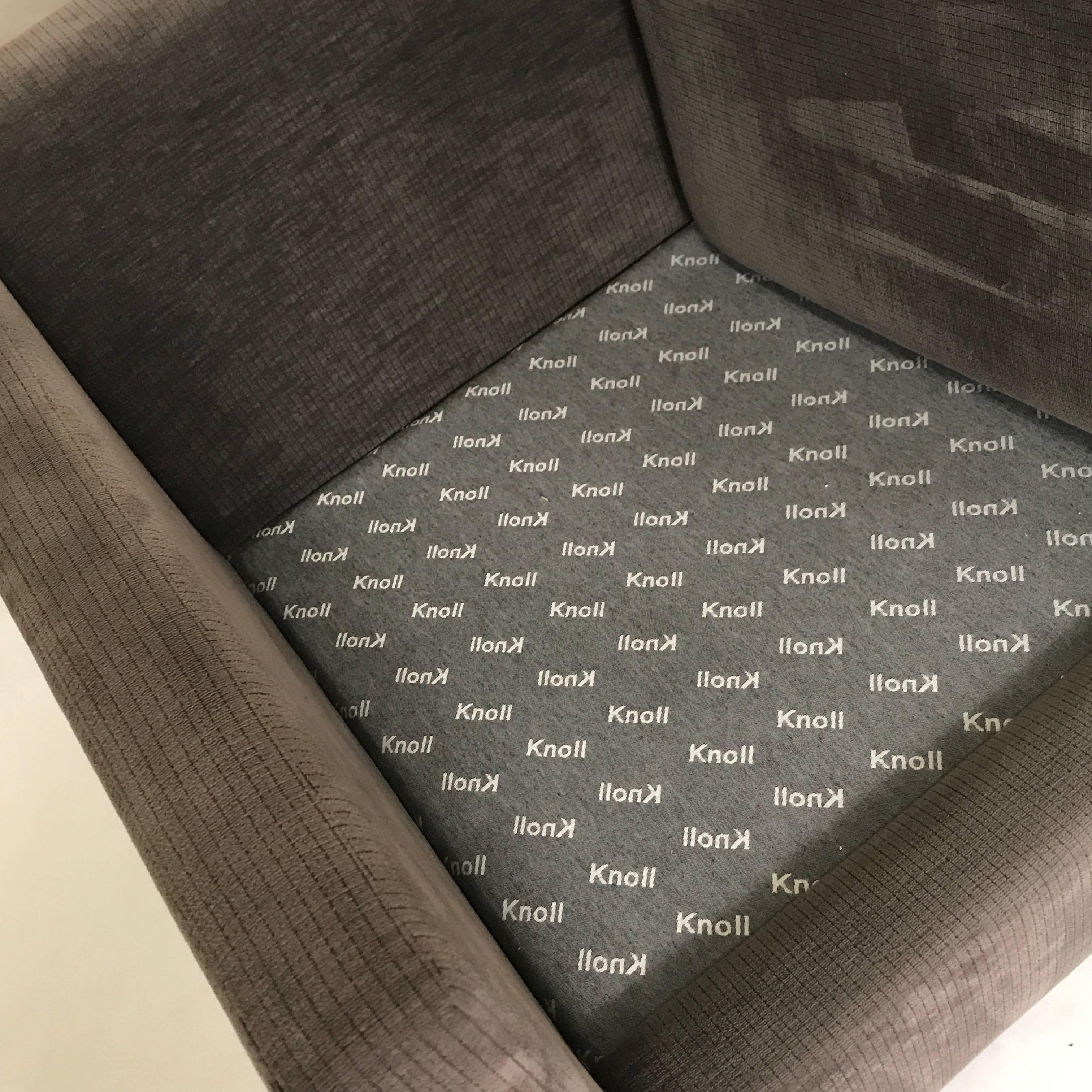 Charles Pfister for Knoll settee or loveseat in stunning grey velour/ chenille type fabric. Sturdy steel feet.