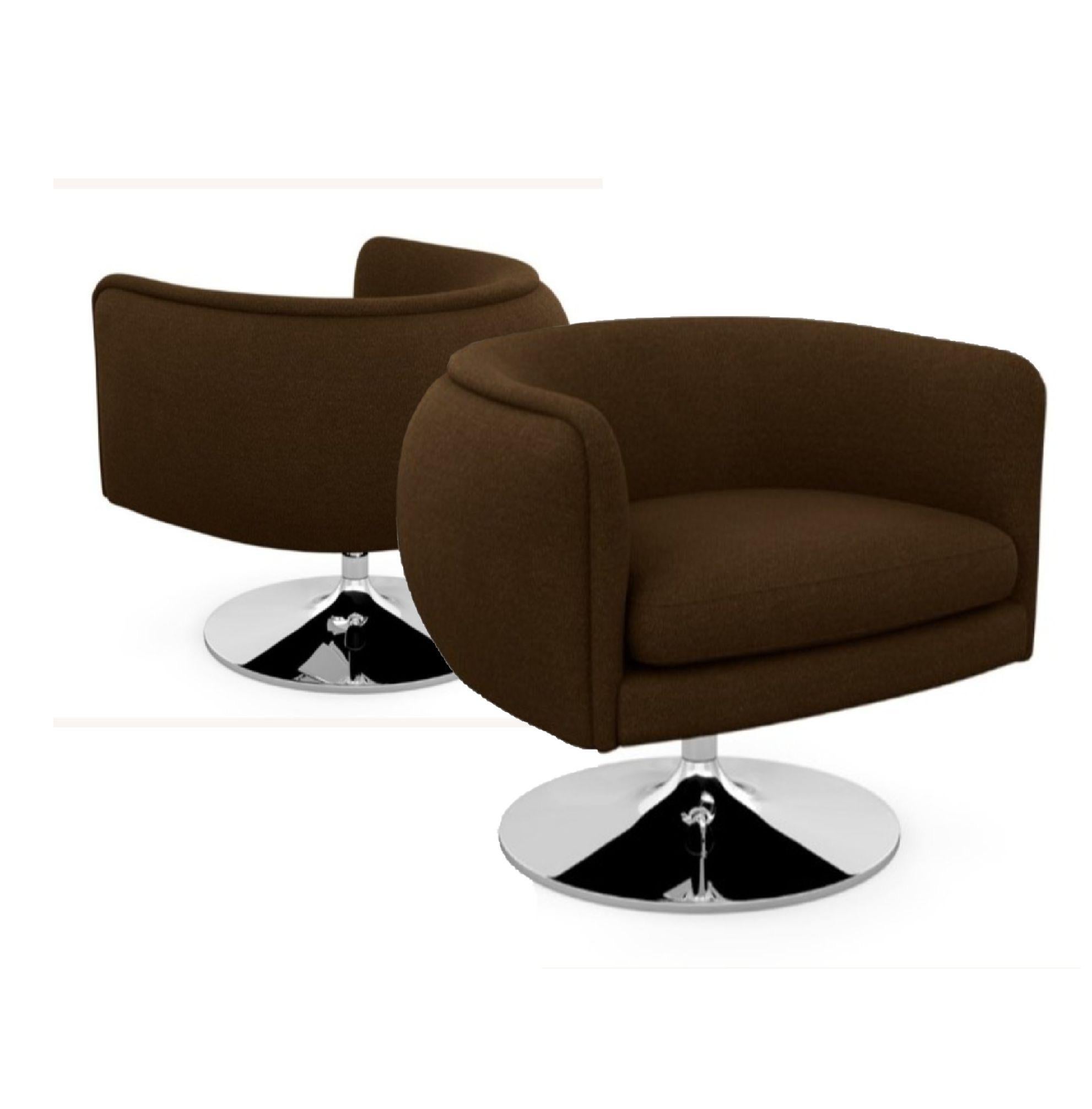 Knoll D’Urso modern swivel club lounge chair in Pumpernickel wool Bouclé, stainless steel base. The D’Urso swivel chair strikes a playful balance between formality and whimsy, offering a modern twist on the classic cocktail lounge chair. Designed by