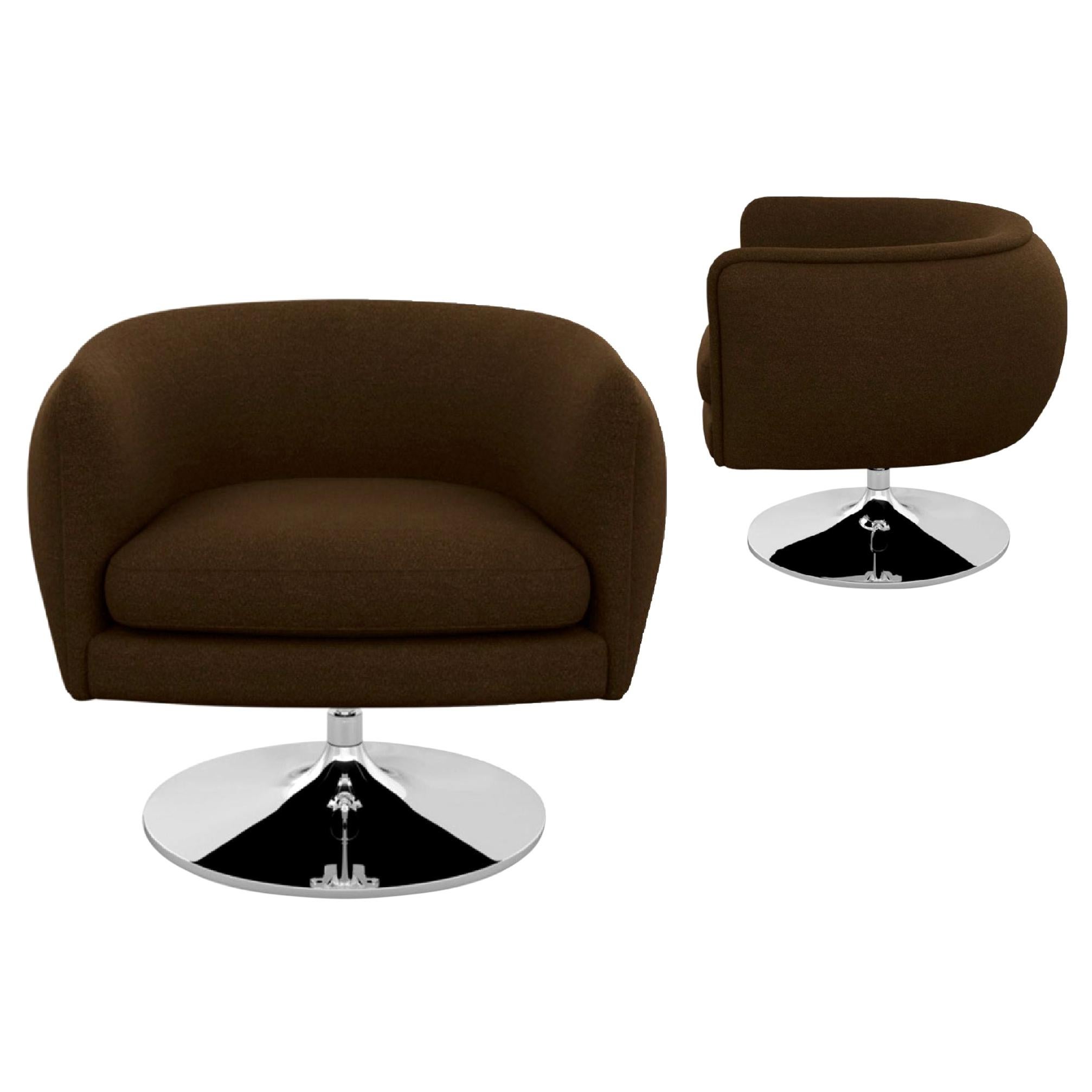 Knoll D’Urso modern swivel club lounge chair in pumpernickel wool bouclé, stainless steel base. The D’Urso swivel chair strikes a playful balance between formality and whimsy, offering a modern twist on the Classic cocktail lounge chair. Designed by