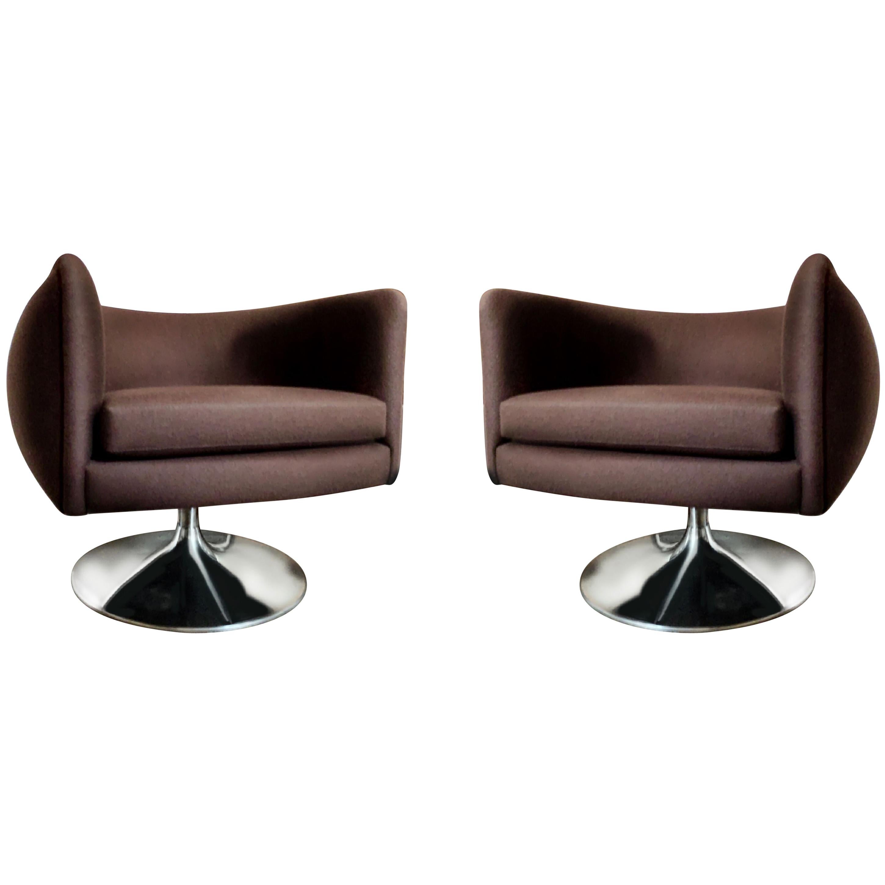 Stainless Steel Knoll D’Urso Modern Swivel Club Lounge Chair in Pumpernickel Wool Bouclé, Steel