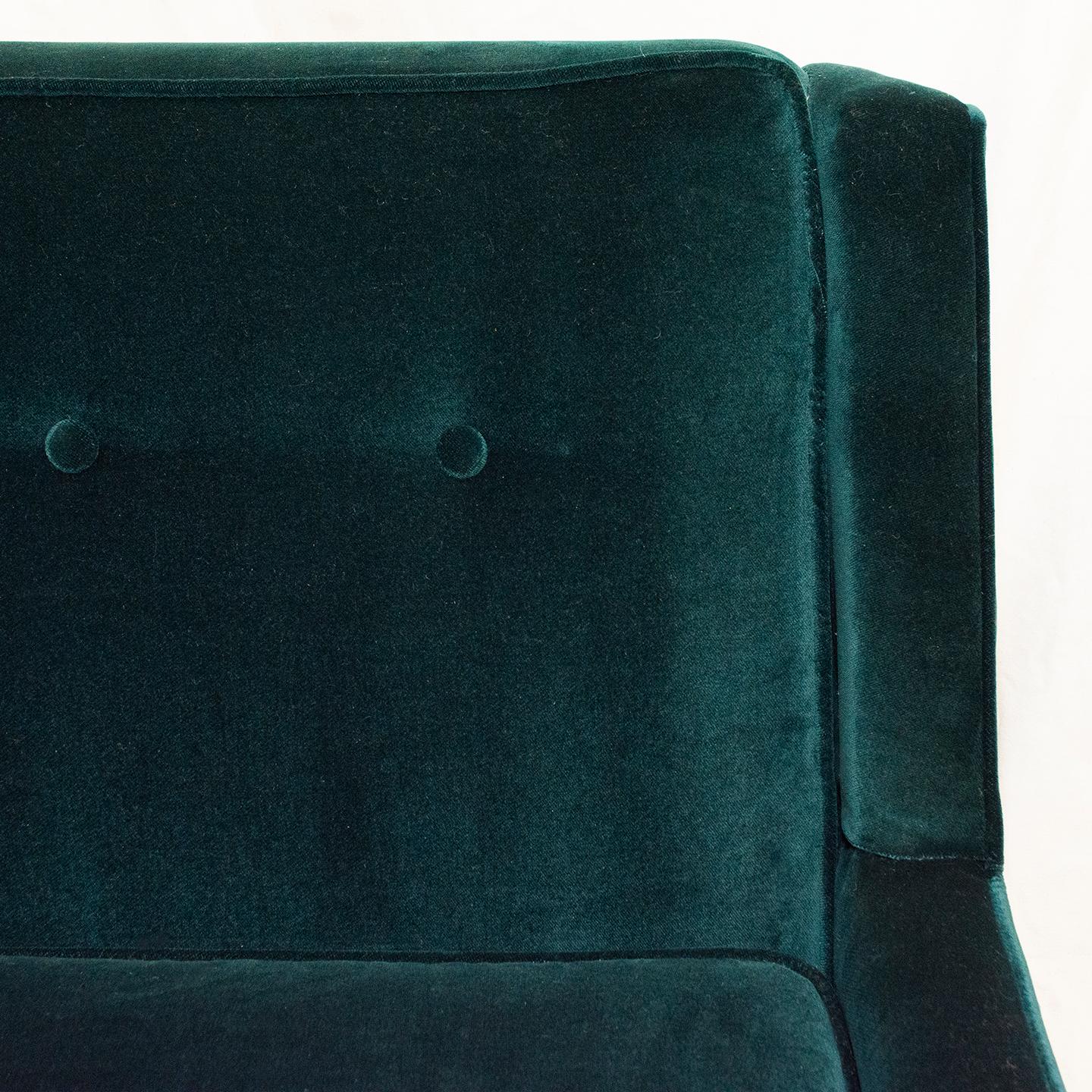 This 1960s Knoll Era sofa in stunning Emerald Green Performance Velvet is rich in color and texture. With a broad, geometric structure, the sofa is a beautiful representation of Classic Mid-Century Modern furniture. It was manufactured in 1964 and