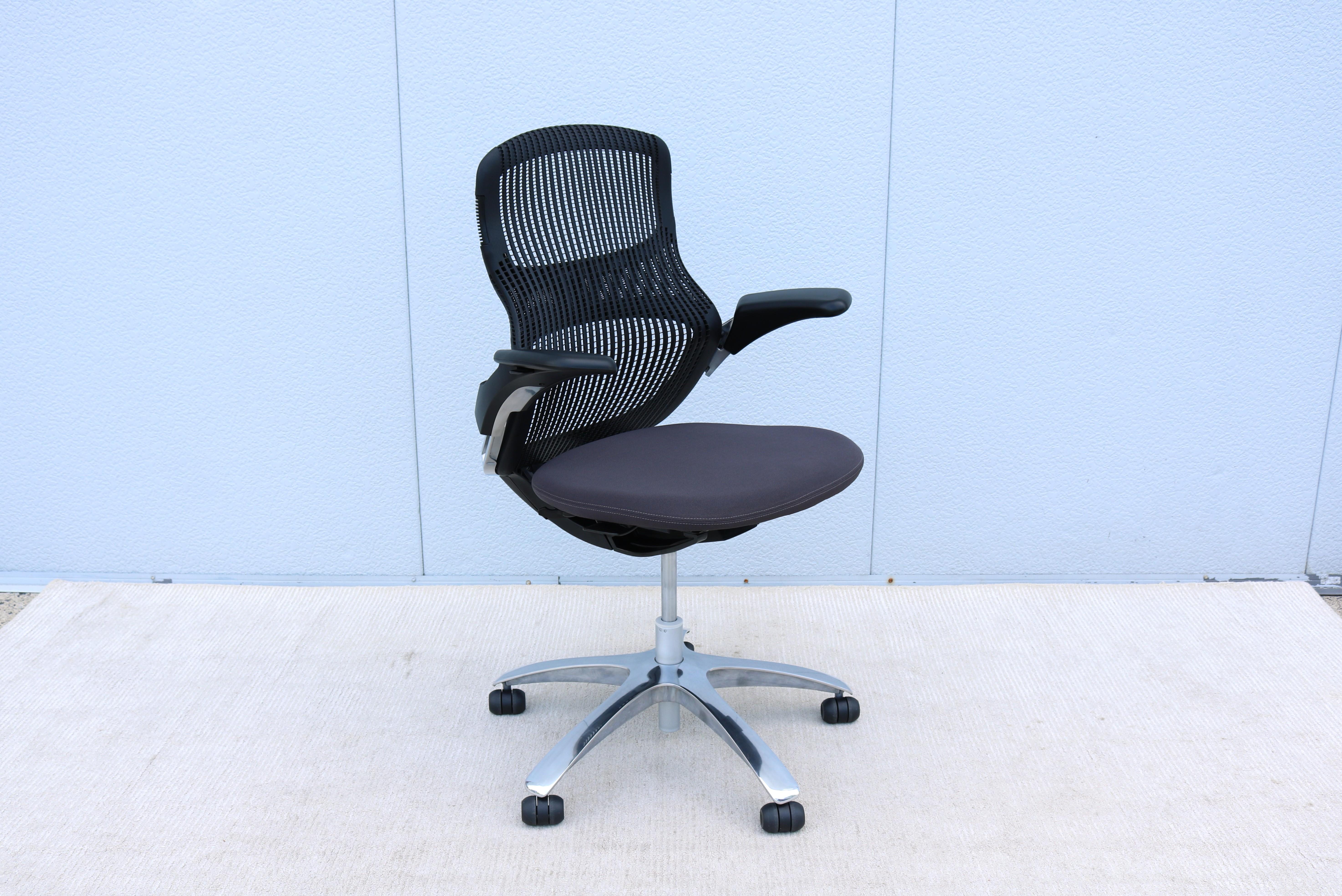 Knoll Generation ergonomic office desk chair in gray fabric and black frame, fully adjustable.
Generation by Knoll is an award-winning office chair that offers a new standard of comfort and unrestrained movement to whoever sits in it, allowing you