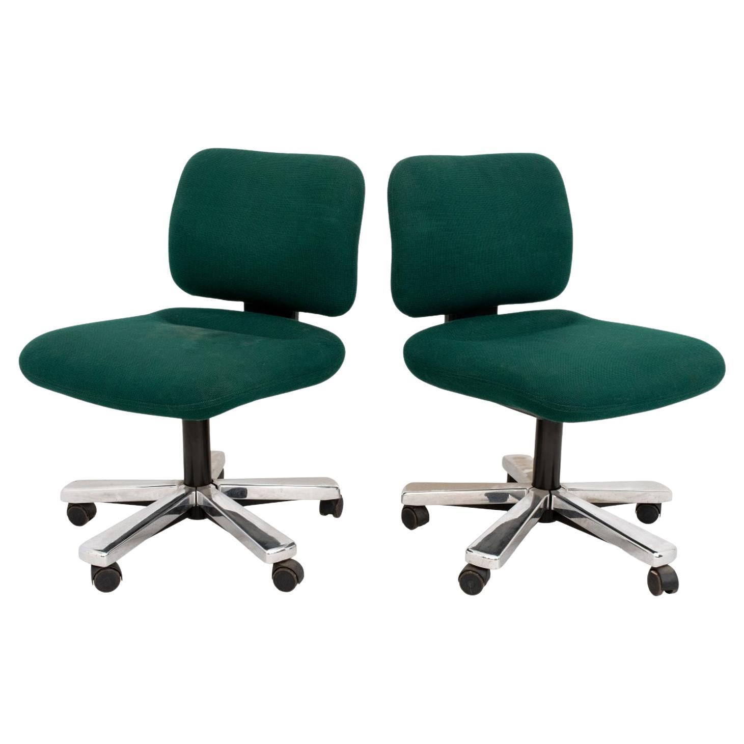Knoll Green Upholstered Swivel Office Chairs, Pair For Sale