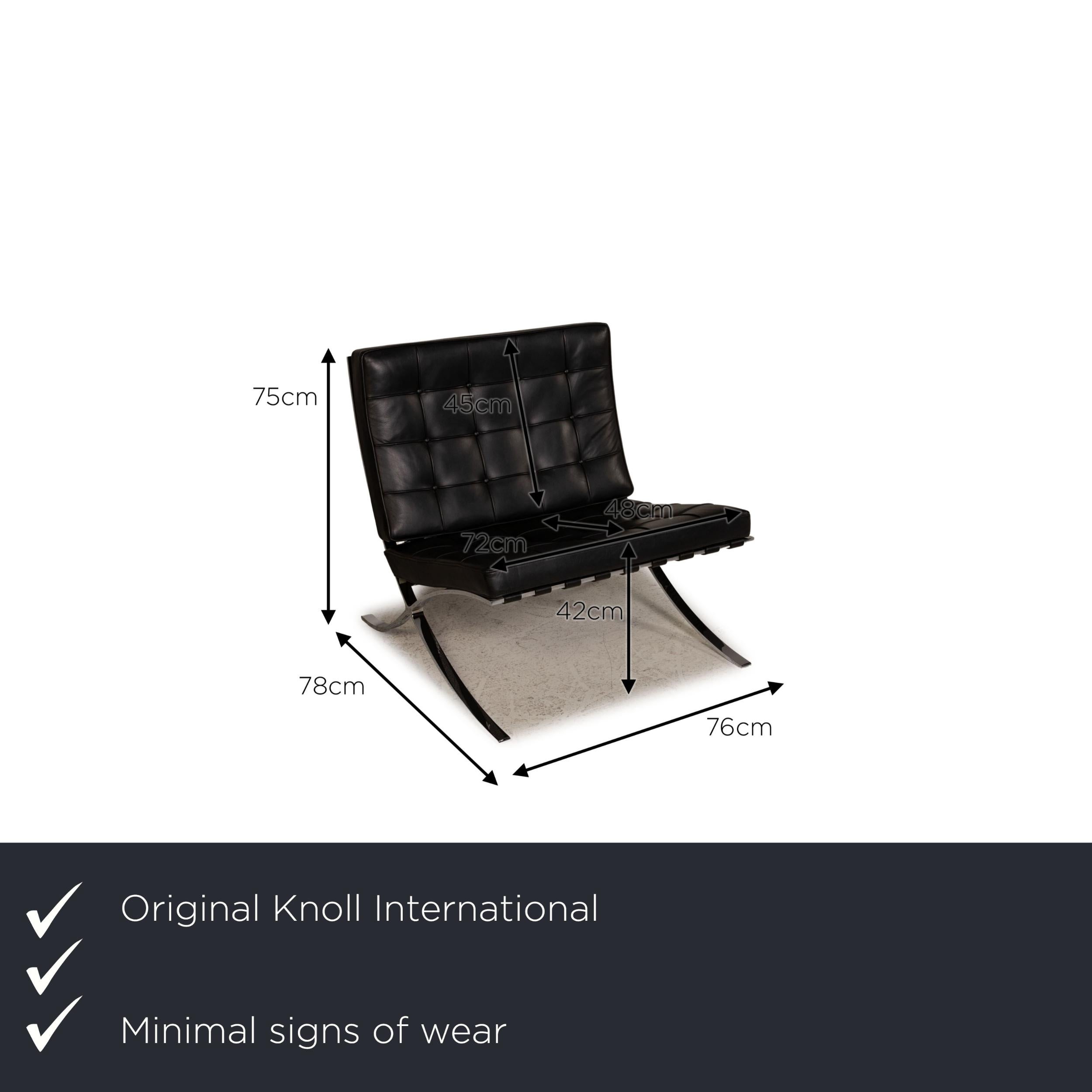 We present to you a Knoll International Barcelona Leather Armchair Black by Ludwig Mies van der Rohe.

Product measurements in centimeters:

depth: 78
width: 76
height: 75
seat height: 42
seat depth: 48
seat width: 72
back height: 45.


