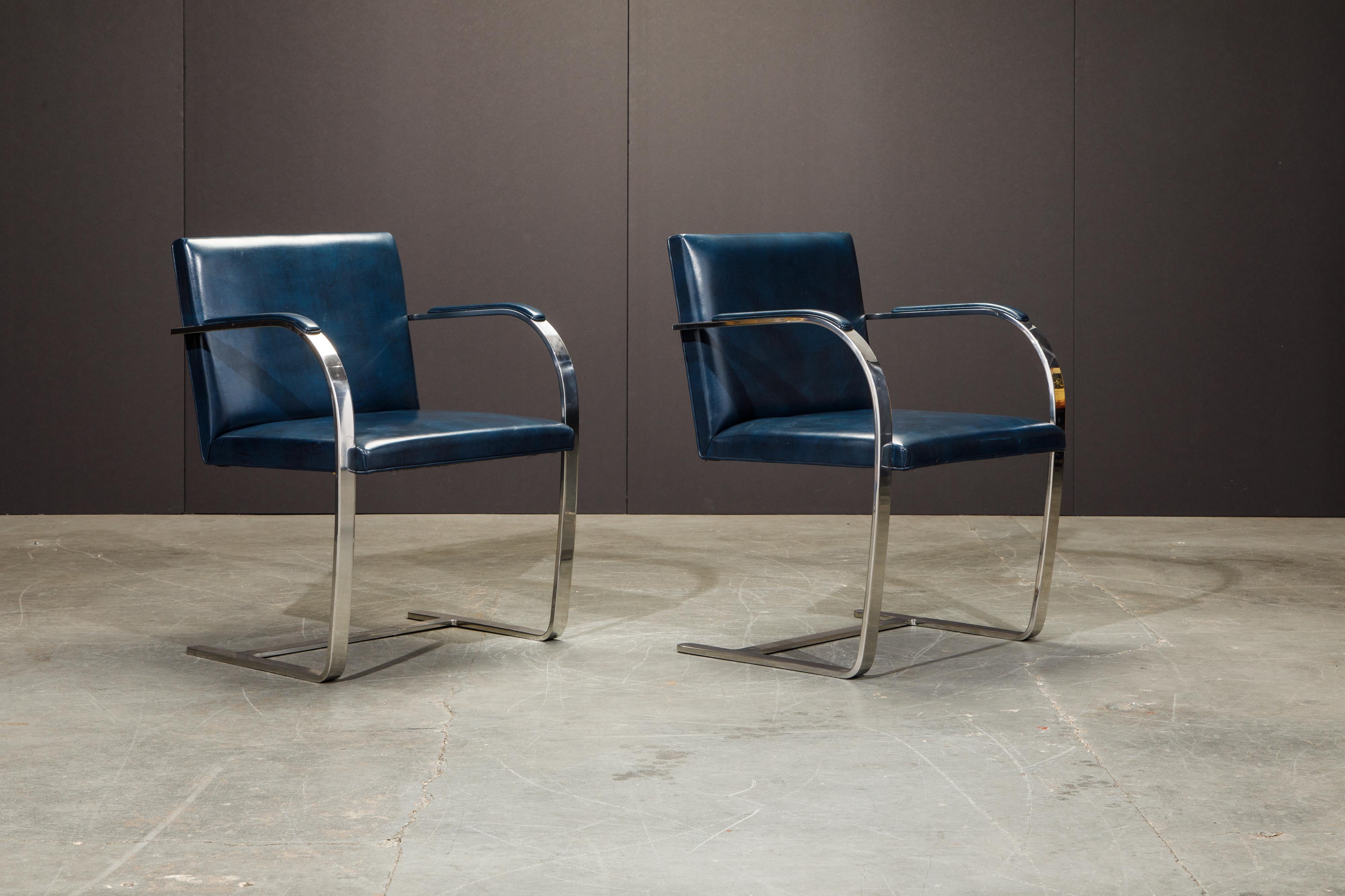Mid-Century Modern Knoll International Blue 'Brno' Armchairs by Mies van der Rohe, 1970s Signed