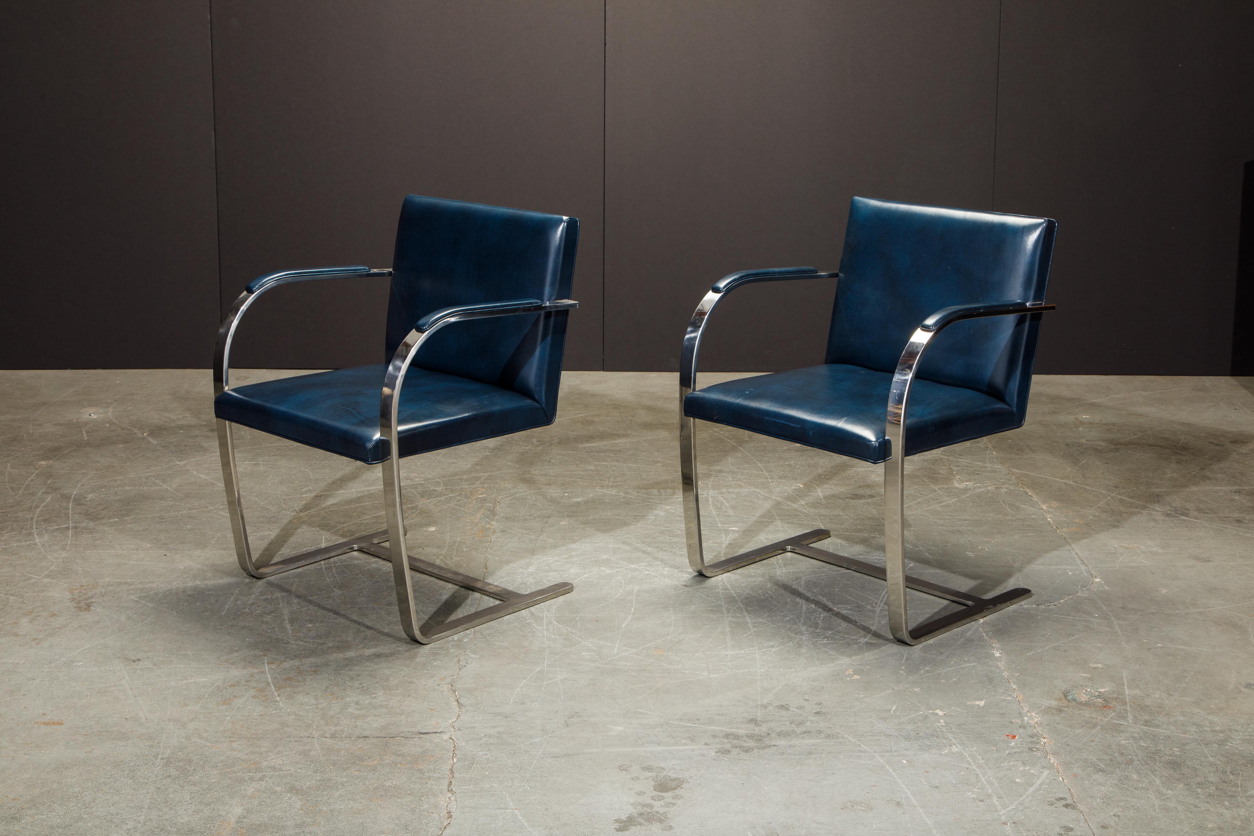 Stainless Steel Knoll International Blue 'Brno' Armchairs by Mies van der Rohe, 1970s Signed