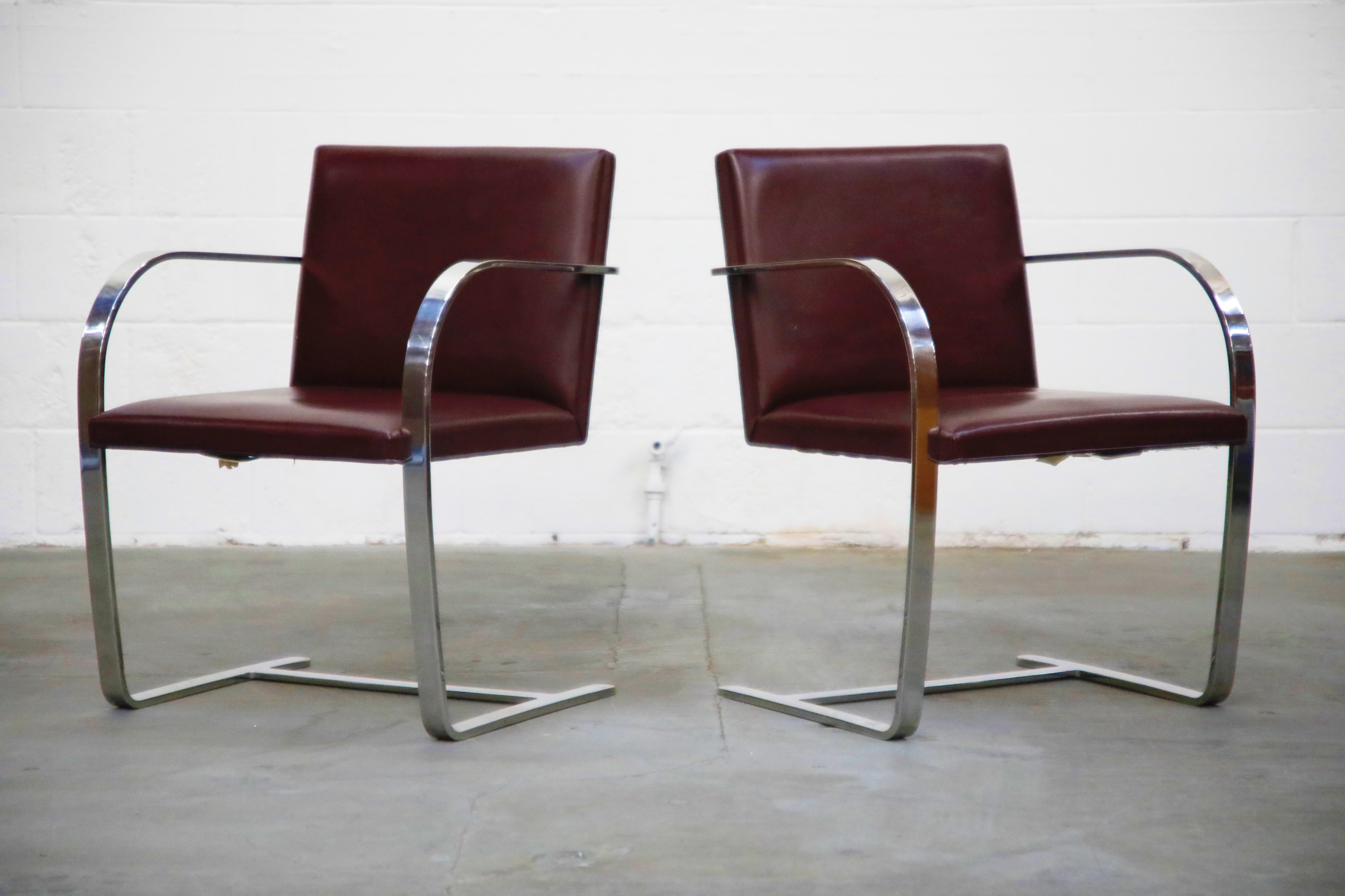 Mid-20th Century Knoll International Burgundy Leather 'Brno' Chairs by Mies van der Rohe, Signed