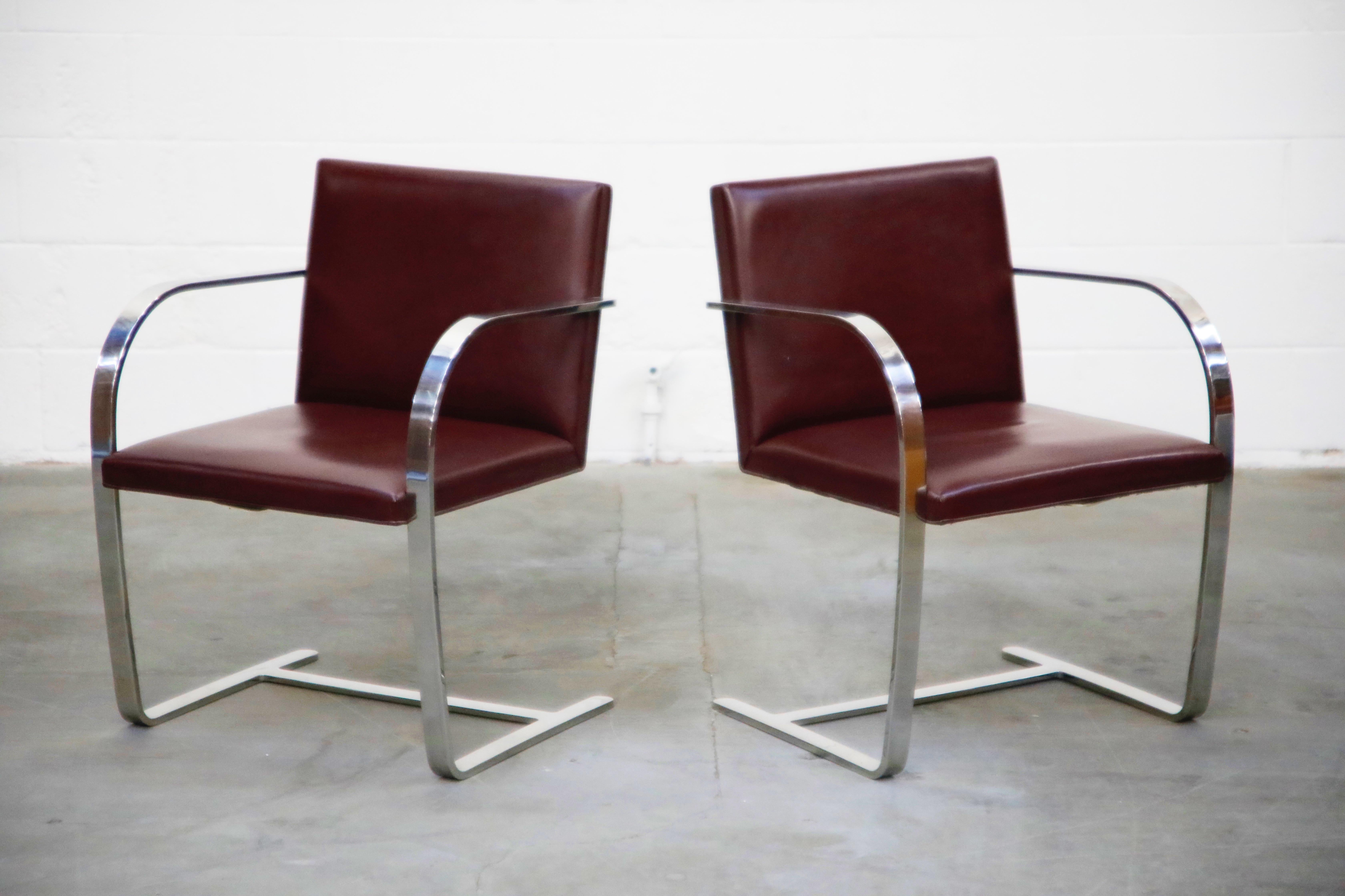 Stainless Steel Knoll International Burgundy Leather 'Brno' Chairs by Mies van der Rohe, Signed