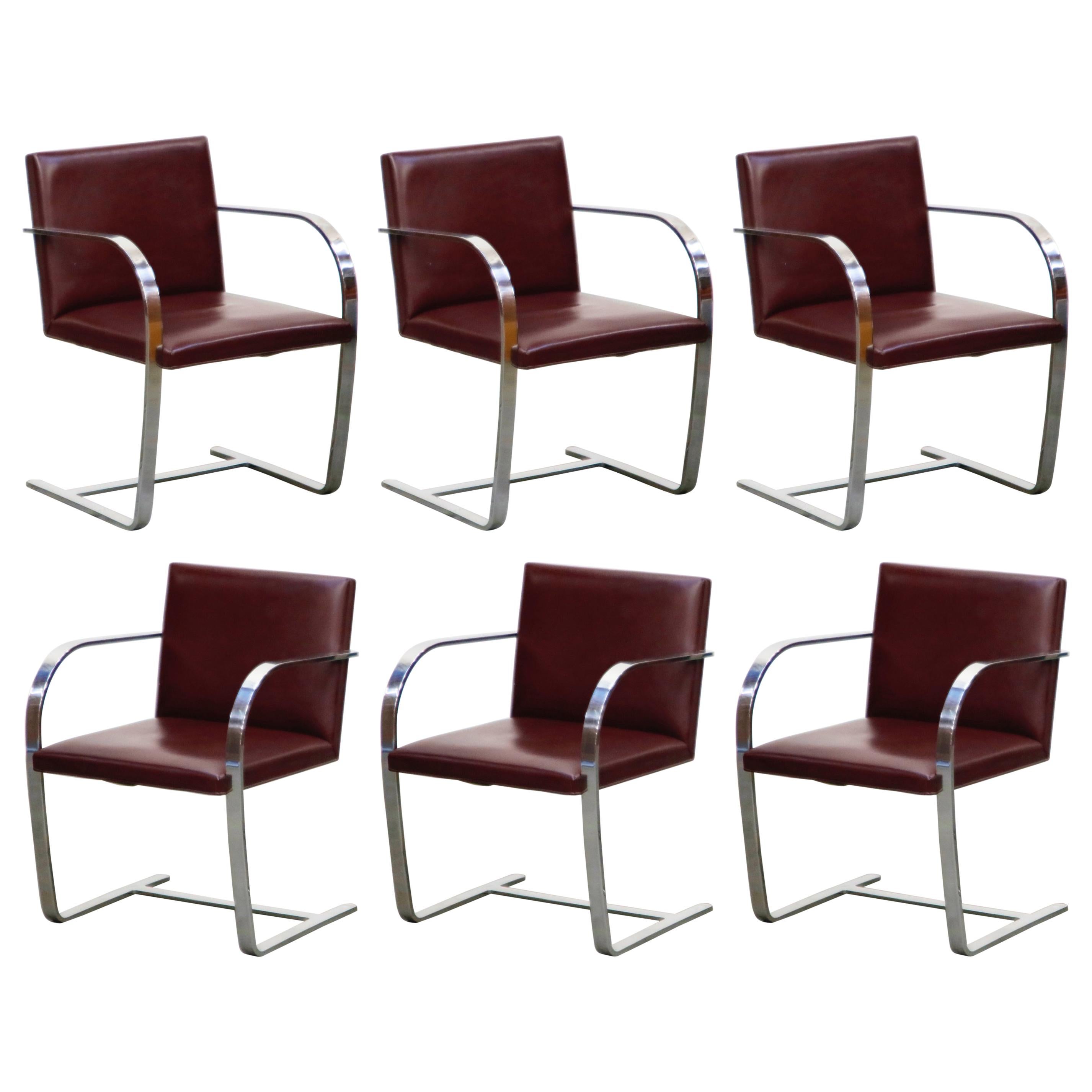 Knoll International Burgundy Leather 'Brno' Chairs by Mies van der Rohe, Signed