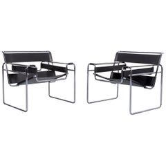 Knoll International Designer Armchair Set Black Leather by Marcel Breuer