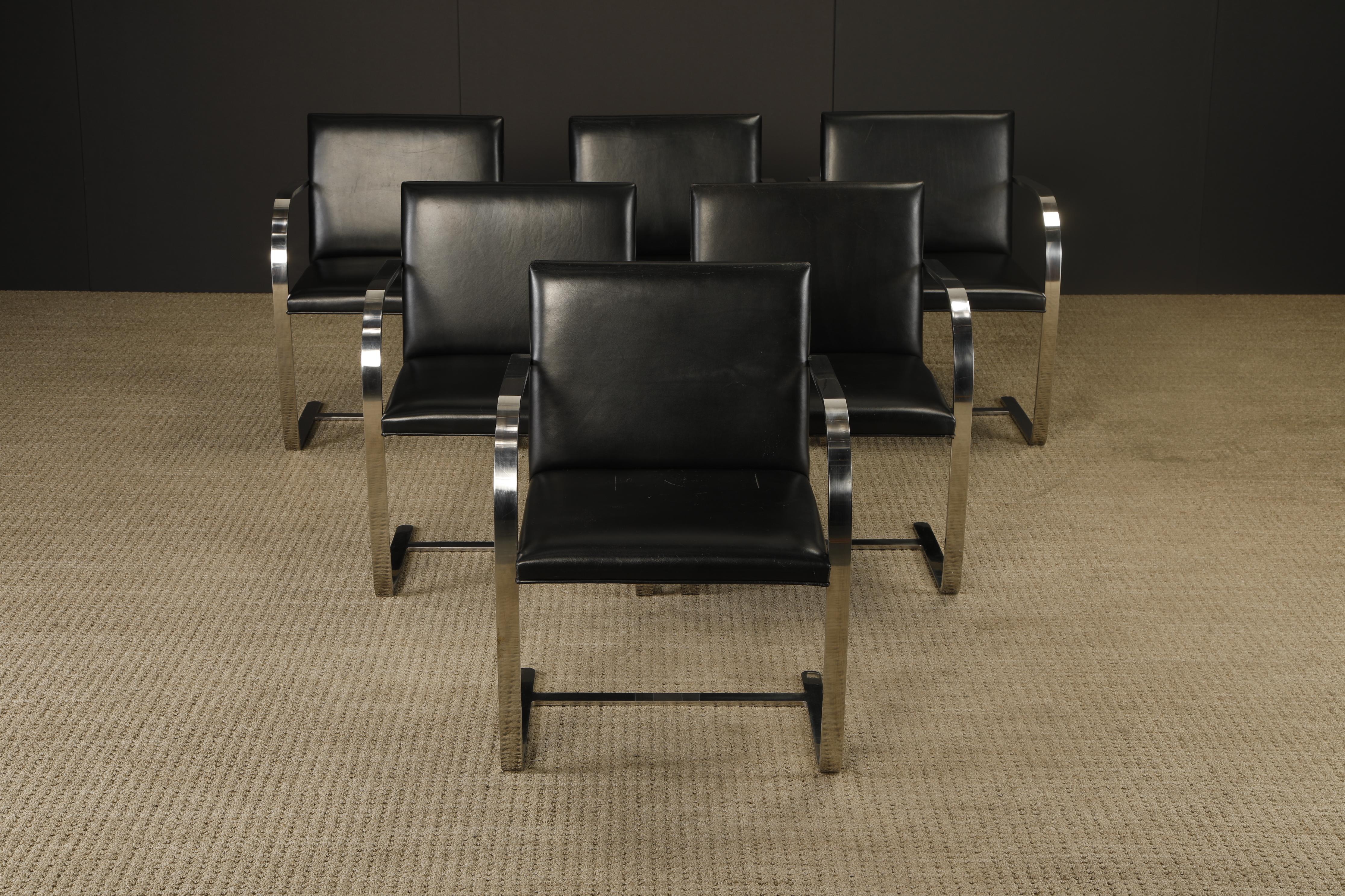 This set of six signed early-year-examples of Knoll International 'Brno' Chairs are in an incredible thick black leather in fantastic vintage condition and ideal for collectors and interior designers looking for the perfect set. 

These collectible