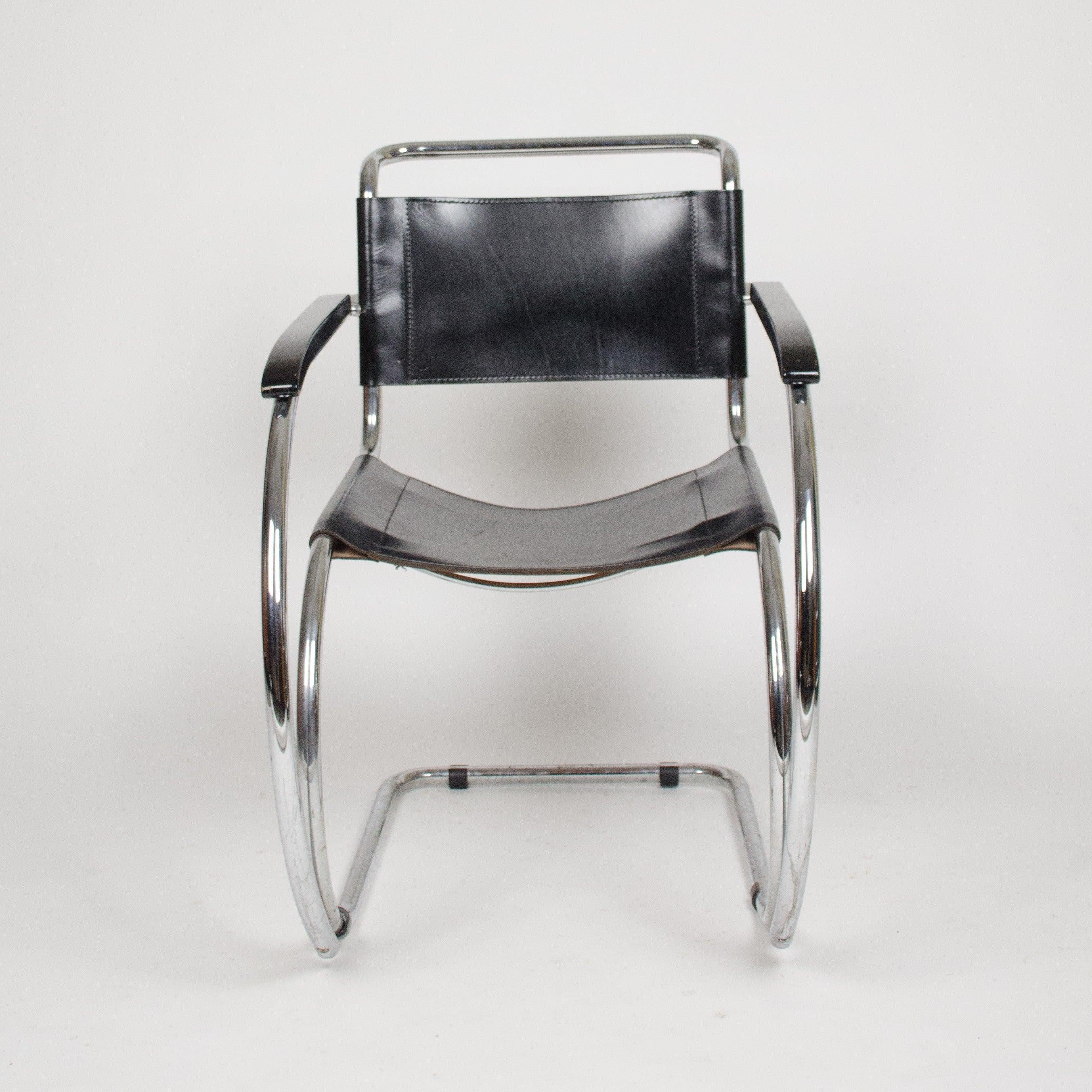 Listed for sale are two pairs of (one pair now available) vintage Mies Van Der Rohe MR20 armchairs in excellent vintage condition. The chairs are black leather and look phenomenal for their age. They show signs of use and light wear to the seats as