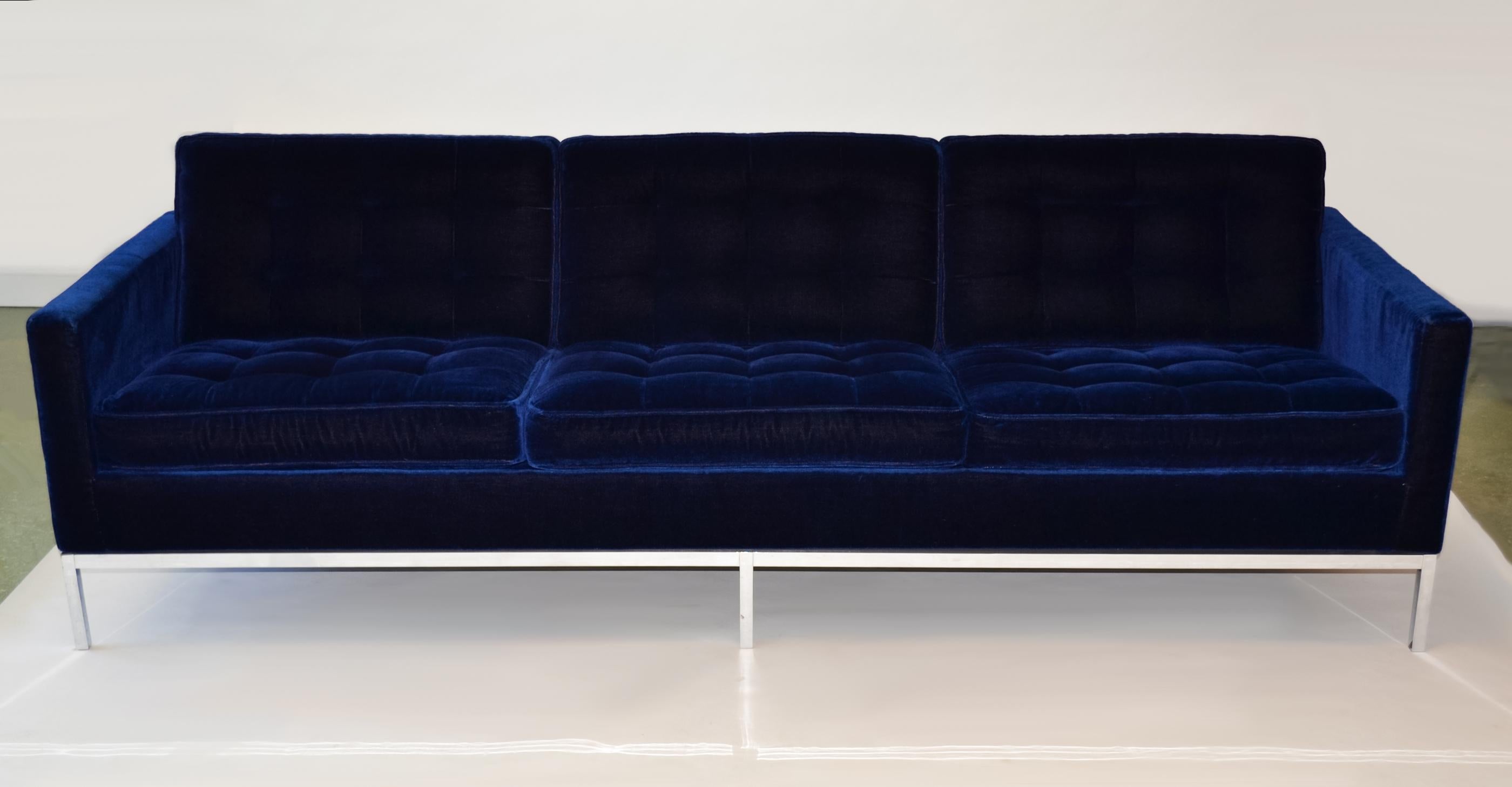 Knoll Three Seat Sofa in Original Dark Blue Mohair, 1970s
Original Sapphire Blue mohair upholstery on a chrome finished steel base with six (6) legs (chrome loss to one leg). 
Comfortable, striking geometry meets Mid-Century Modern USA, 1954 /