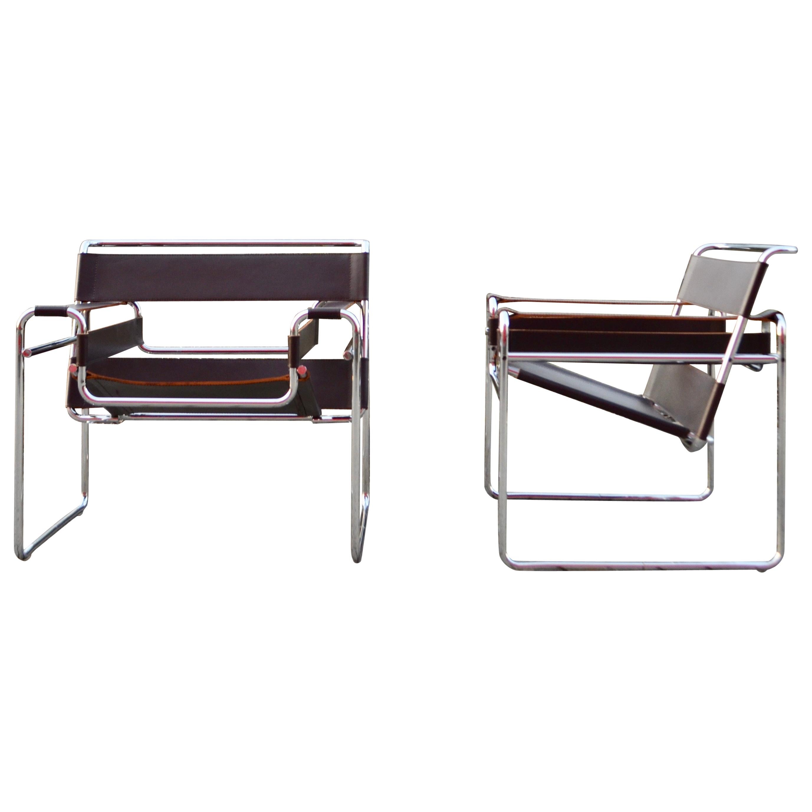 Knoll International Wassily Chair by Marcel Breuer Brown Leather Set of 2