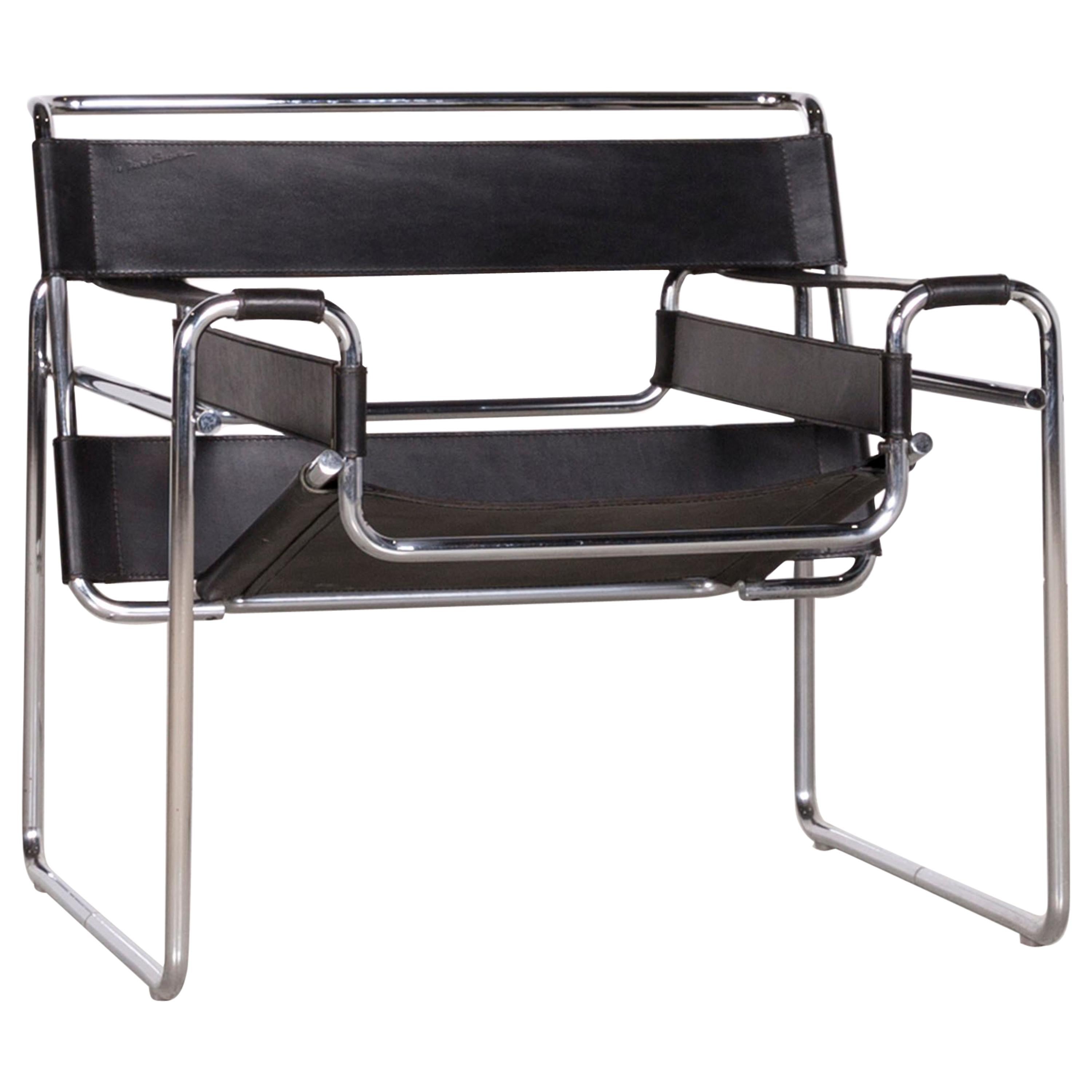 Knoll International Wassily Leather Armchair Black Chair by Marcel Breuer For Sale