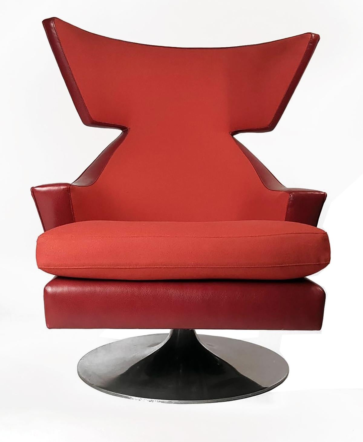 Modern Knoll Leather Wing Back Swivel Lounge Chair Designed by Joe D'urso