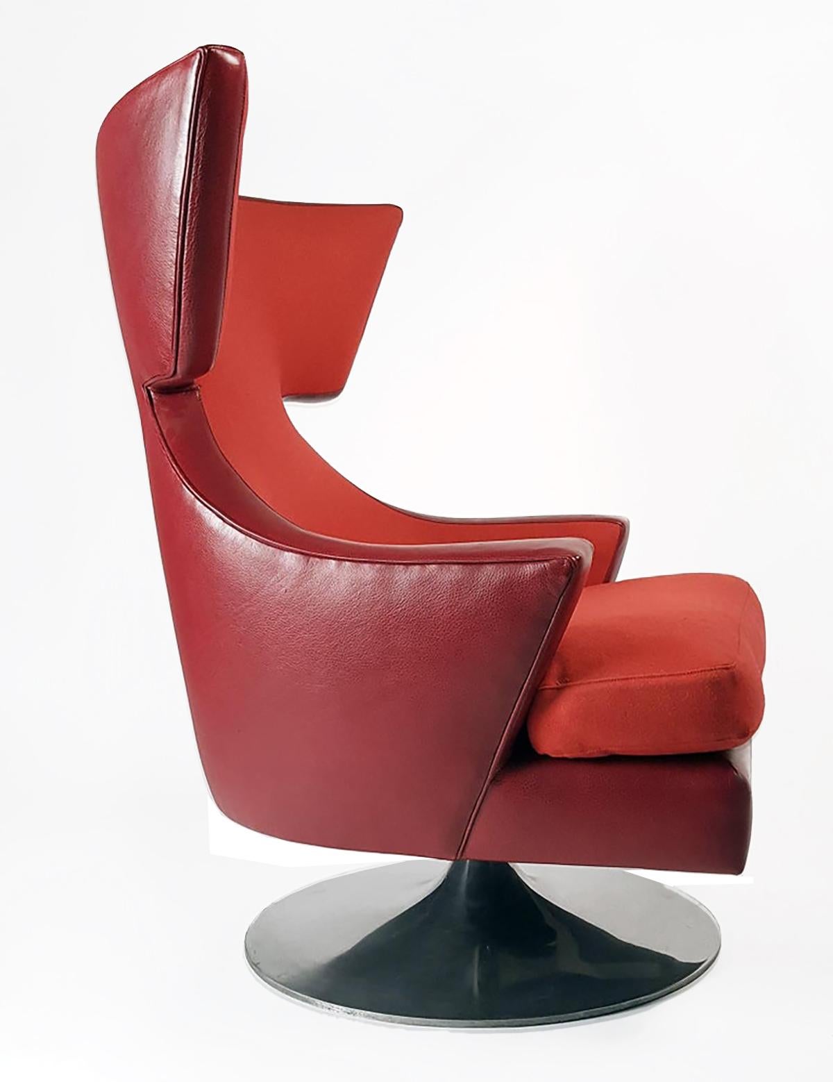 Contemporary Knoll Leather Wing Back Swivel Lounge Chair Designed by Joe D'urso