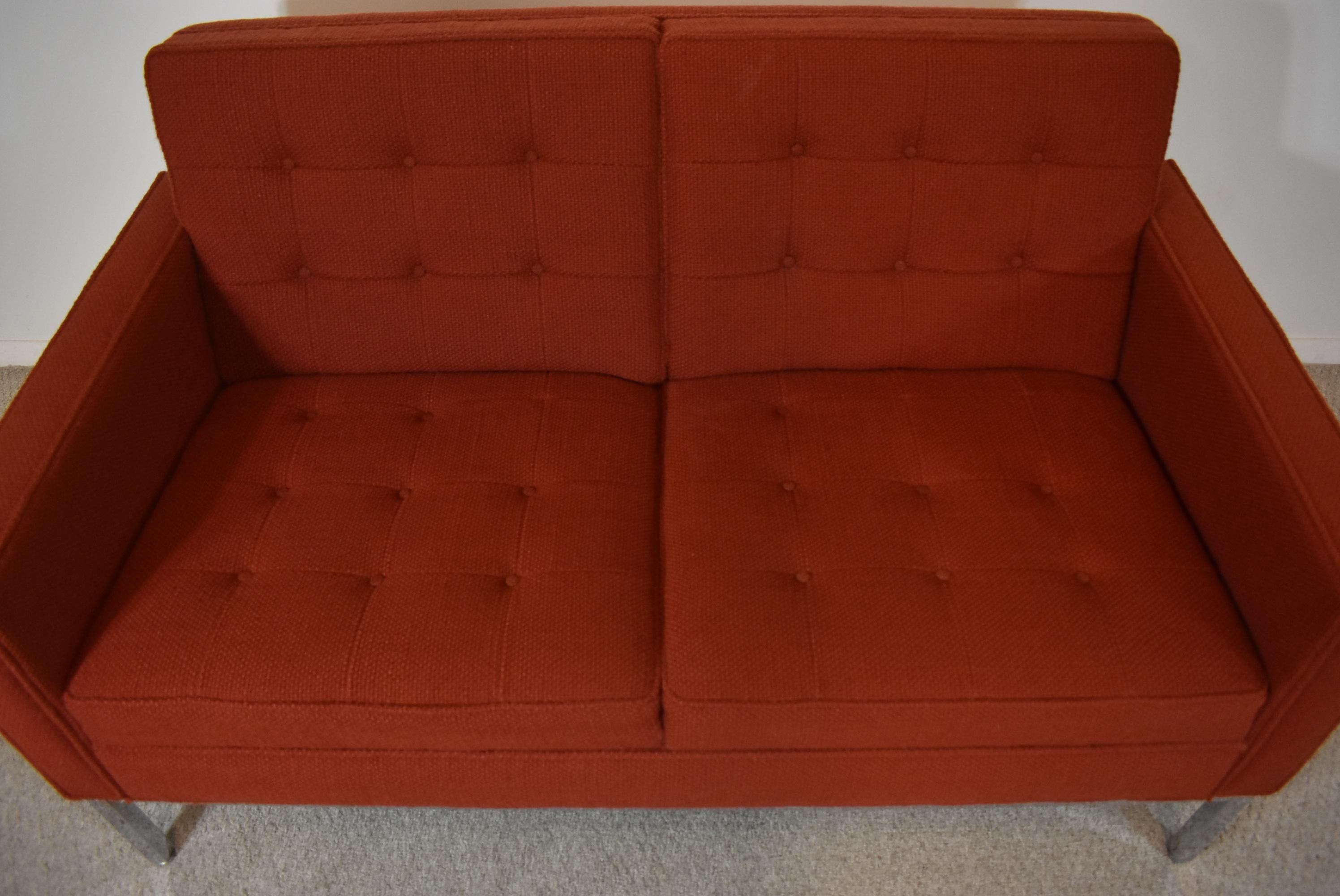 Unique Knoll 2-seat loveseat with original wool upholstery and chrome legs in excellent vintage condition. Very solid and heavy. No rust on the legs, there are 3 buttons missing. 55 1/2