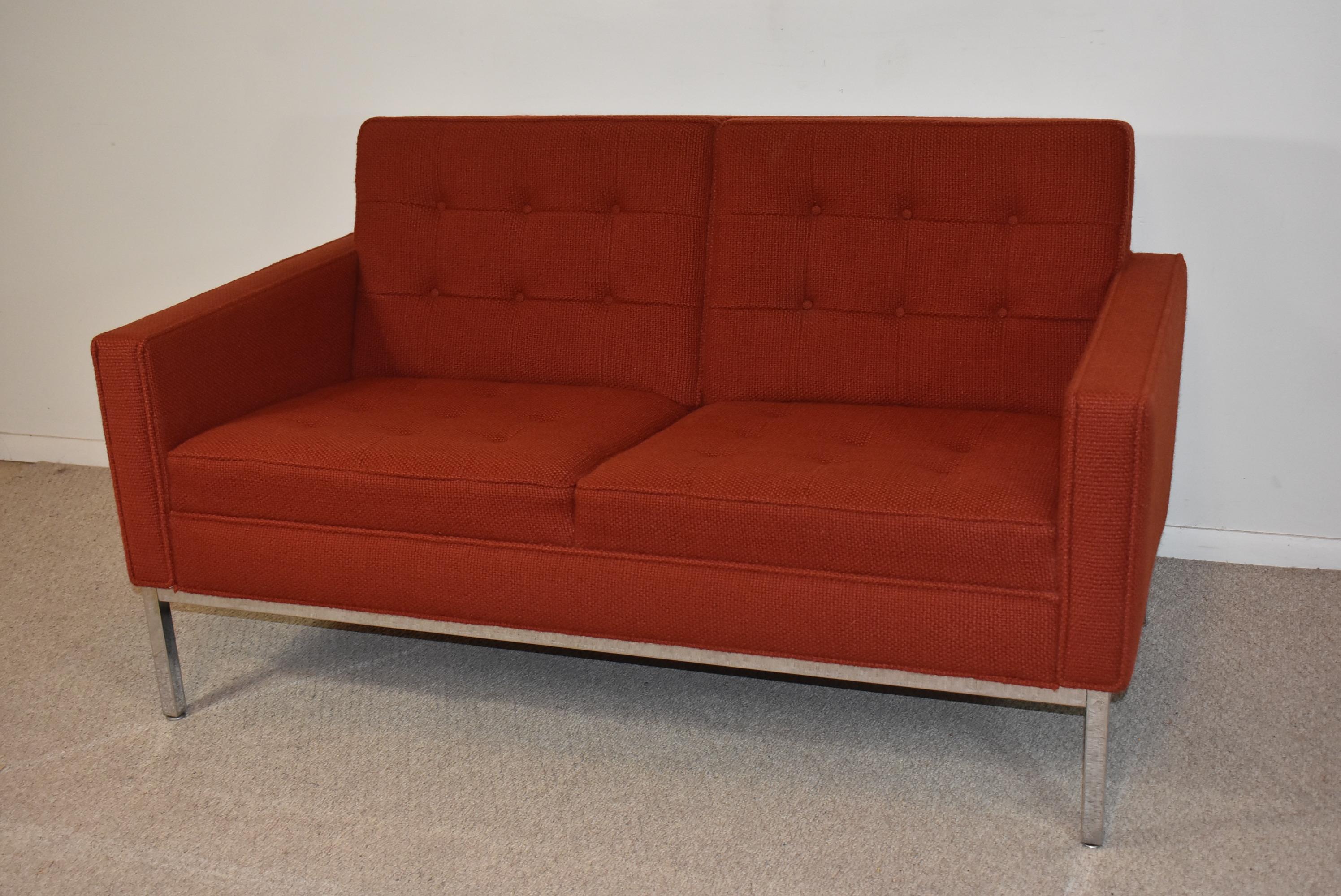 Knoll Loveseat with Burnt Orange Wool Upholstery and Chrome Legs In Good Condition For Sale In Toledo, OH