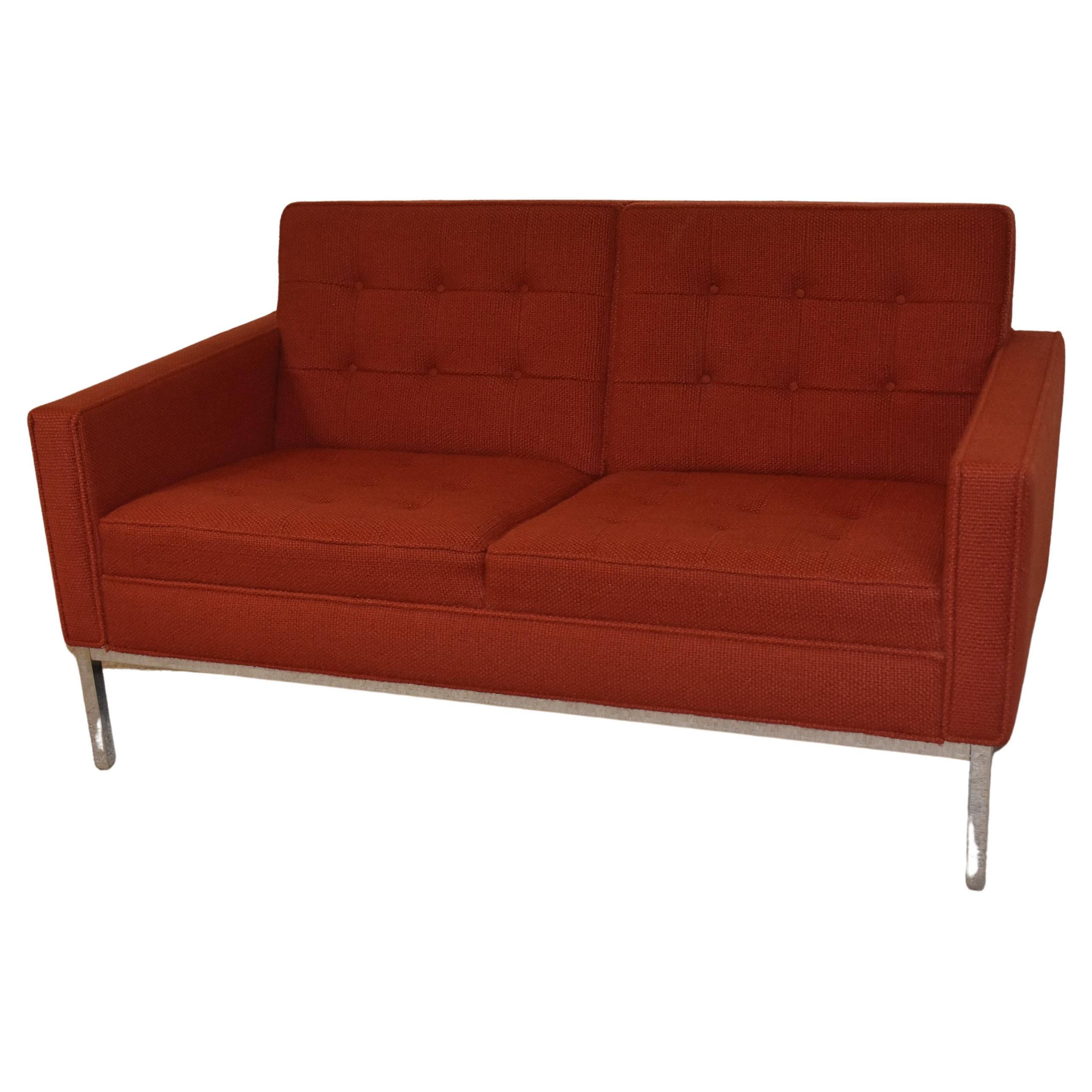 Knoll Loveseat with Burnt Orange Wool Upholstery and Chrome Legs For Sale