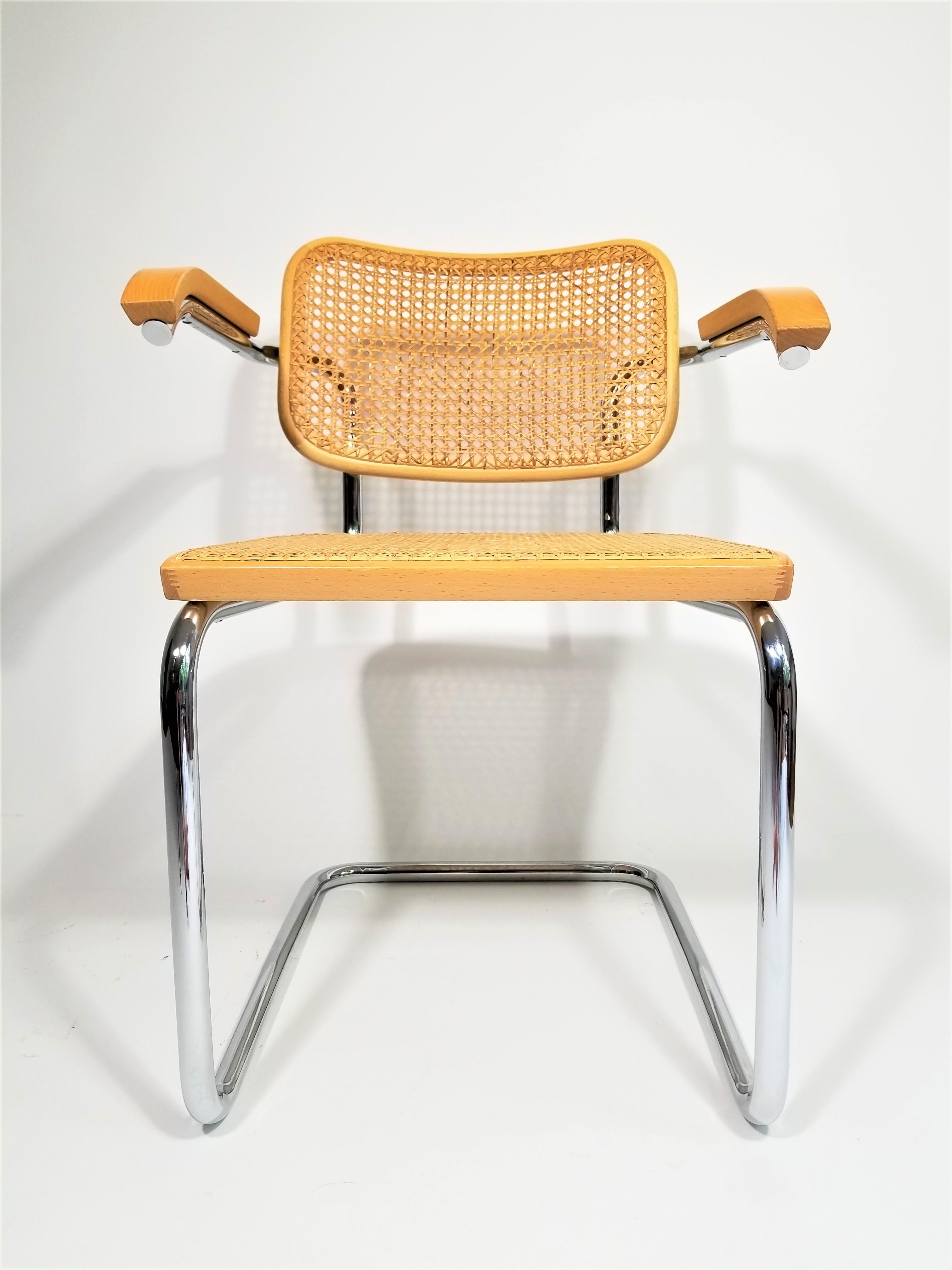 Knoll Marcel Breuer Cesca armchair. Hand caned seats and backs. Chrome tubular Cantilever frames. Chrome has been polished. Acquired from original owner who purchased in 2002. Some minor breaks in cane on seat but still completely functional.