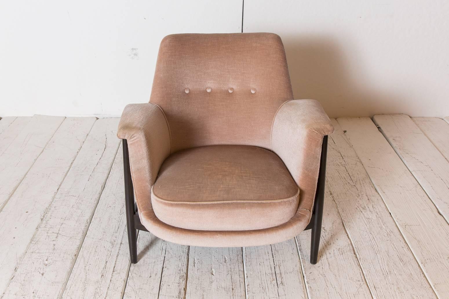 Mid-20th Century Knoll Midcentury Club Chairs Upholstered in Velvet with Exposed Mahogany Base