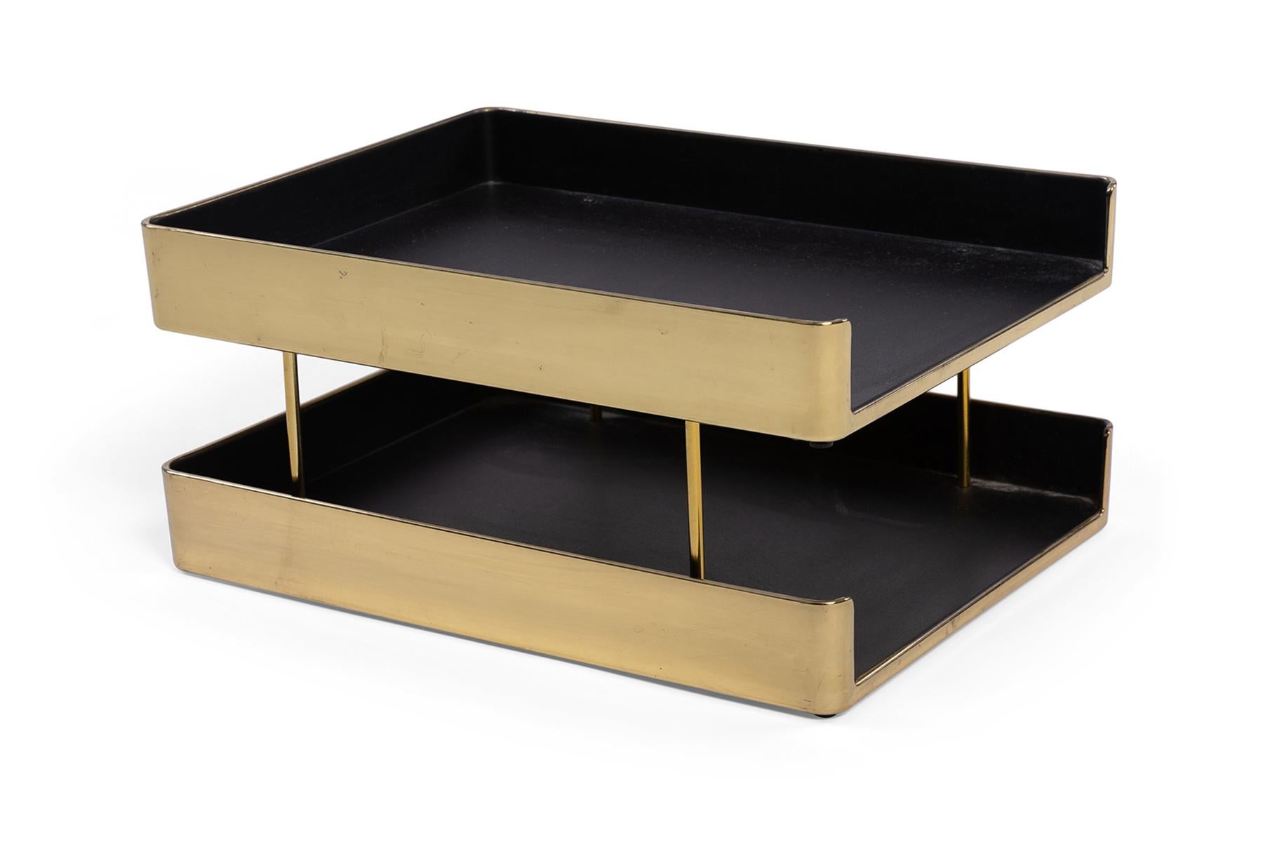 Knoll desk organizer or paper tray in anodized brass and black. 