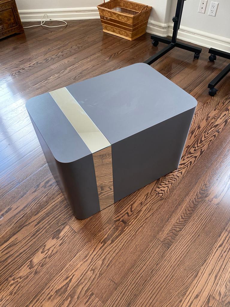 Knoll Mid-Century Modern Laminate grey cube table / pedestal stand with chrome stripe.