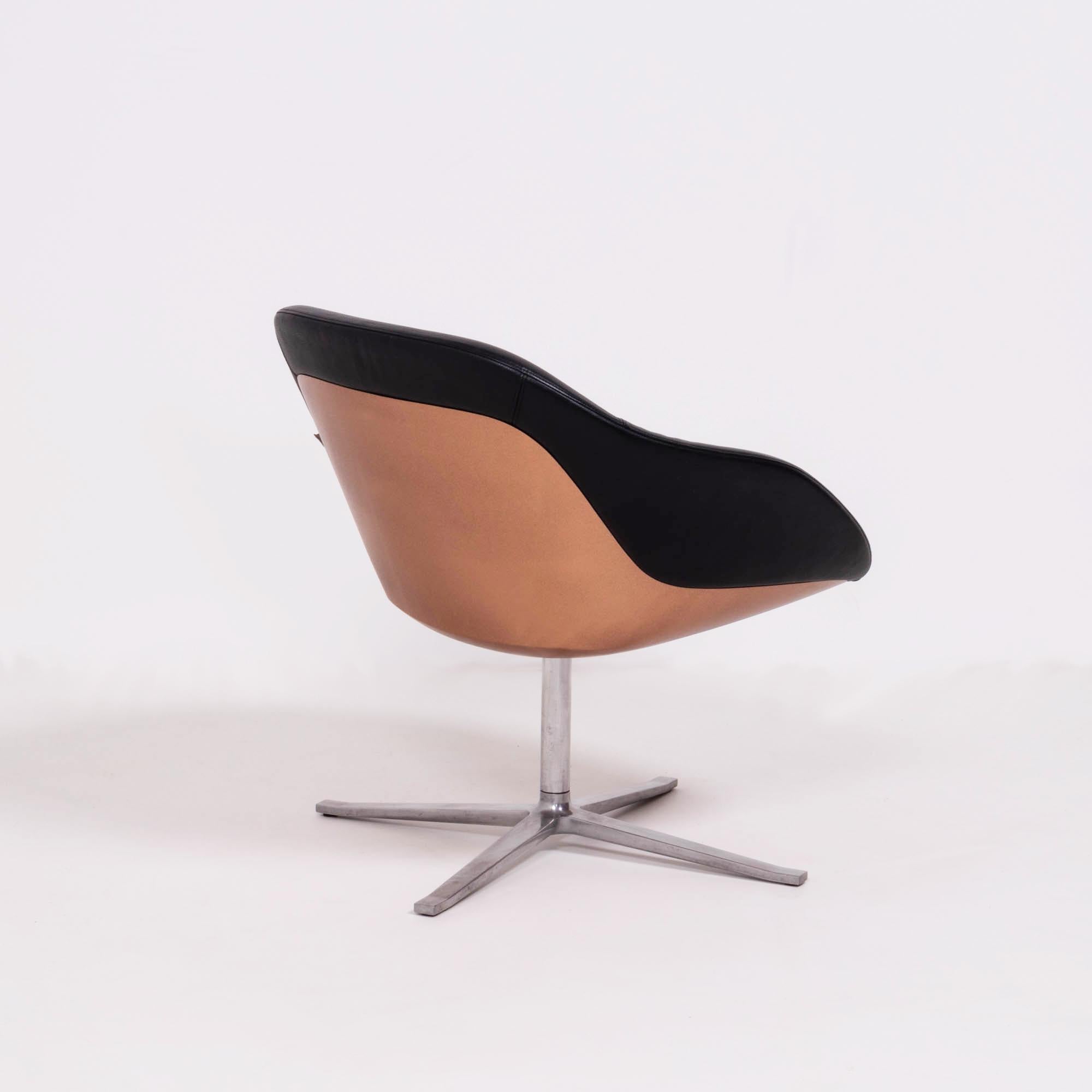German Knoll Mid-Century Modern Turtle Swivel Lounge Chair in Black Leather