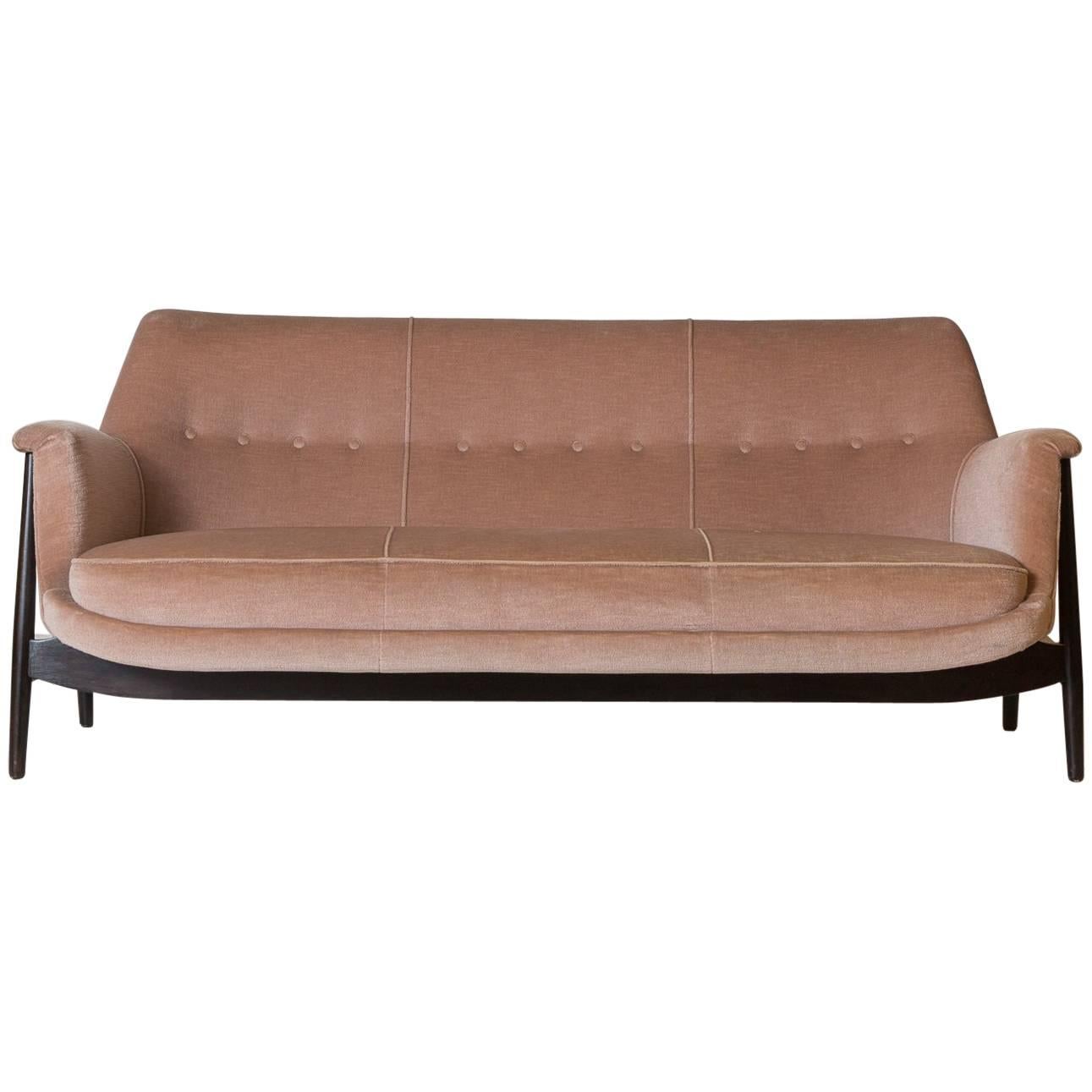 Knoll Midcentury Club Chairs Upholstered in Velvet with Exposed Mahogany Base