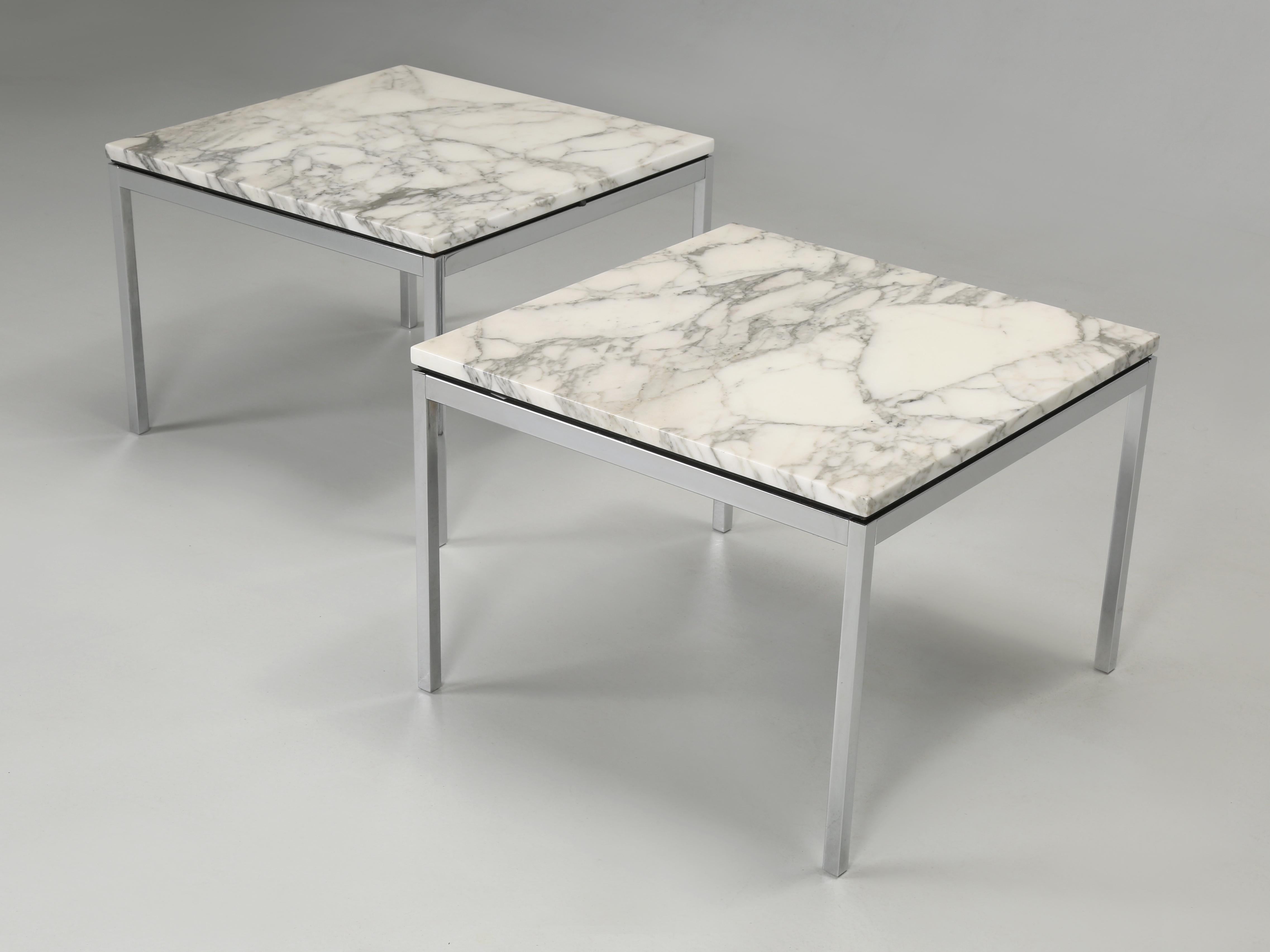 Pair of matching Arabescato marble and steel side tables or coffee tables by Florence Knoll, who was an American architect, interior designer and furniture designer. Knoll is credited with bringing modern aesthetics to the office. Florence was born
