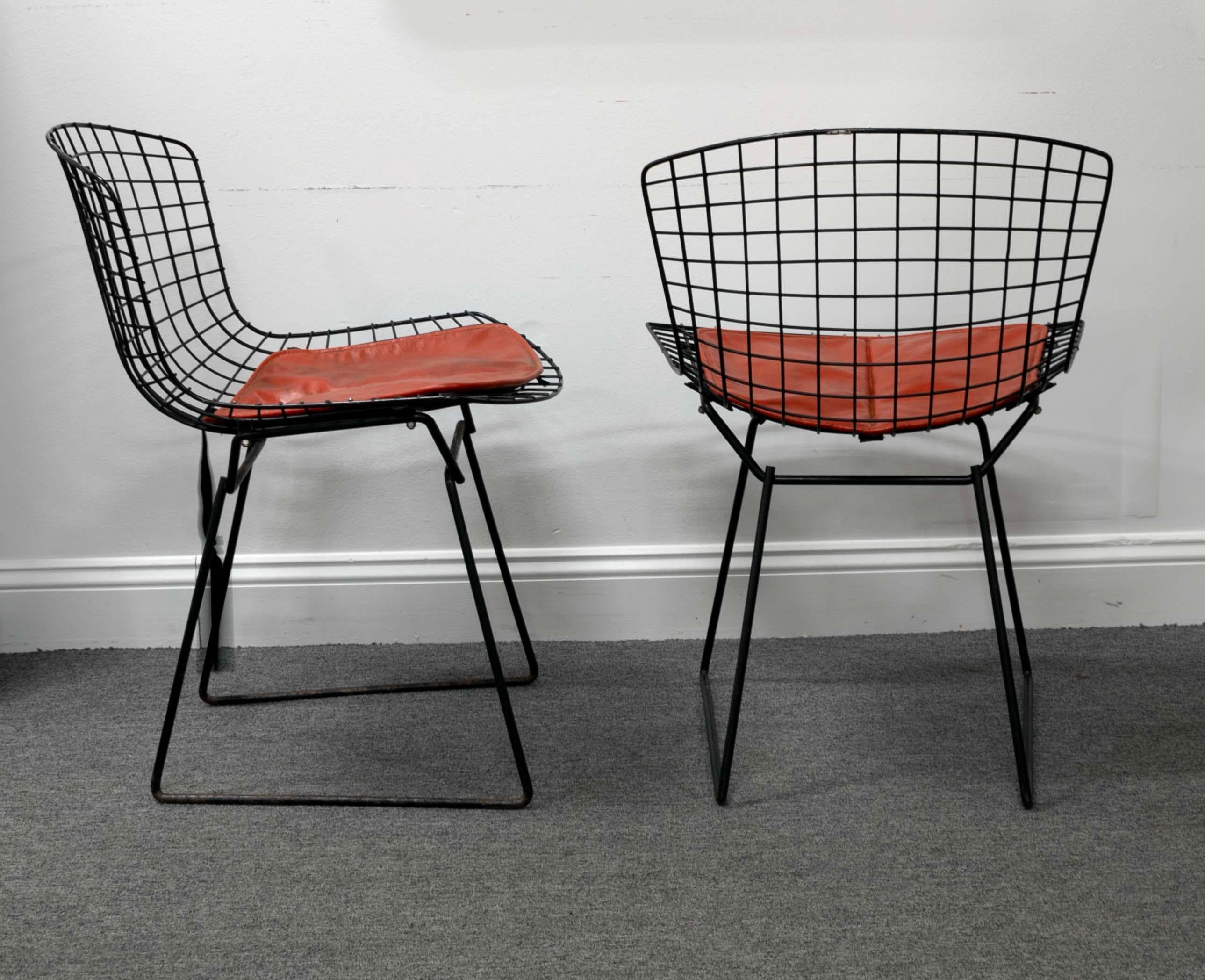 Mid-Century Modern Knoll Pair of Vintage Mid Century Black Iron Wire Bertoia Chairs w Red Cushion