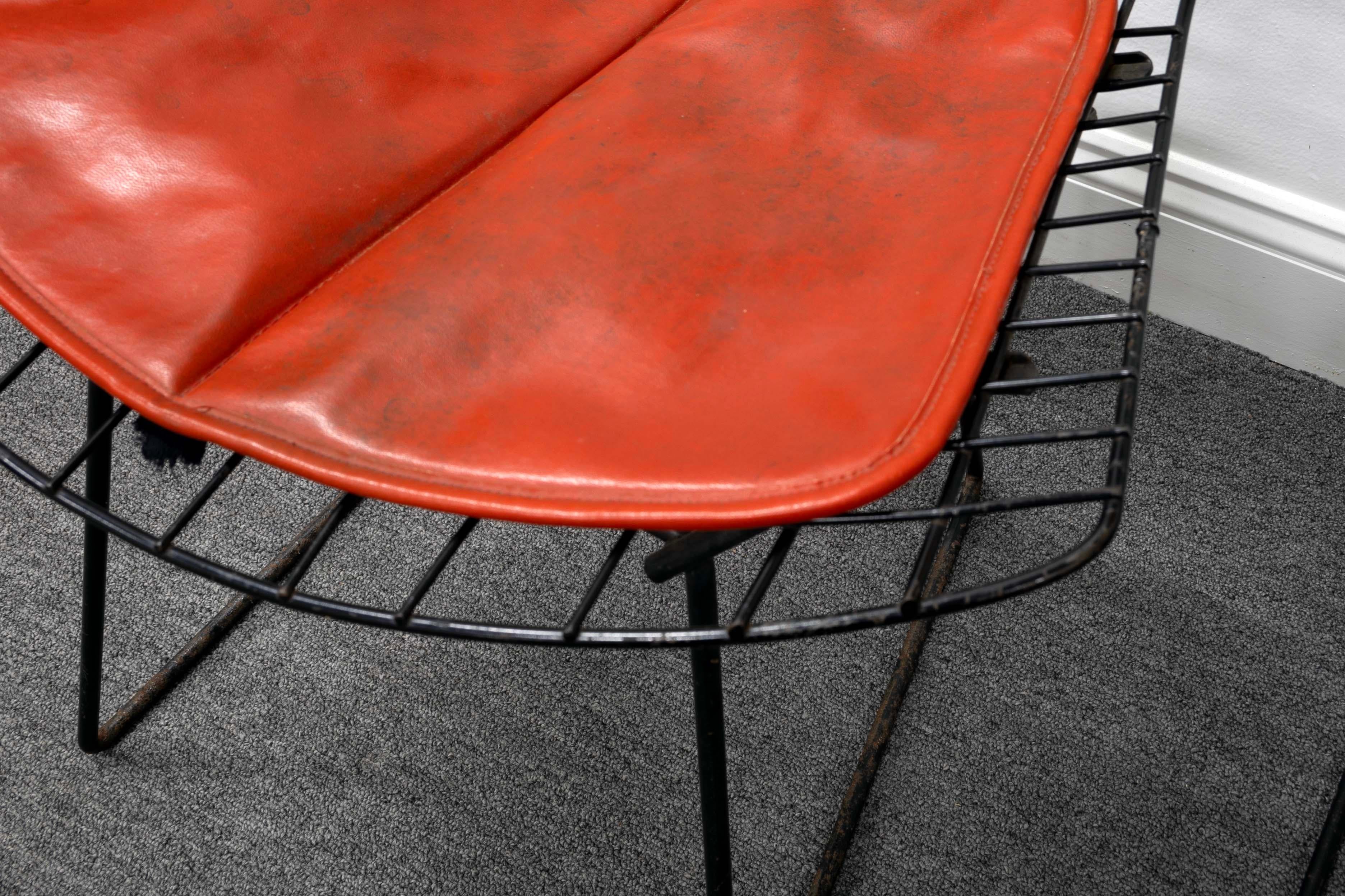 American Knoll Pair of Vintage Mid Century Black Iron Wire Bertoia Chairs w Red Cushion