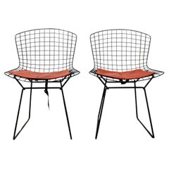 Knoll Pair of Vintage Mid Century Black Iron Wire Bertoia Chairs w Red Cushion