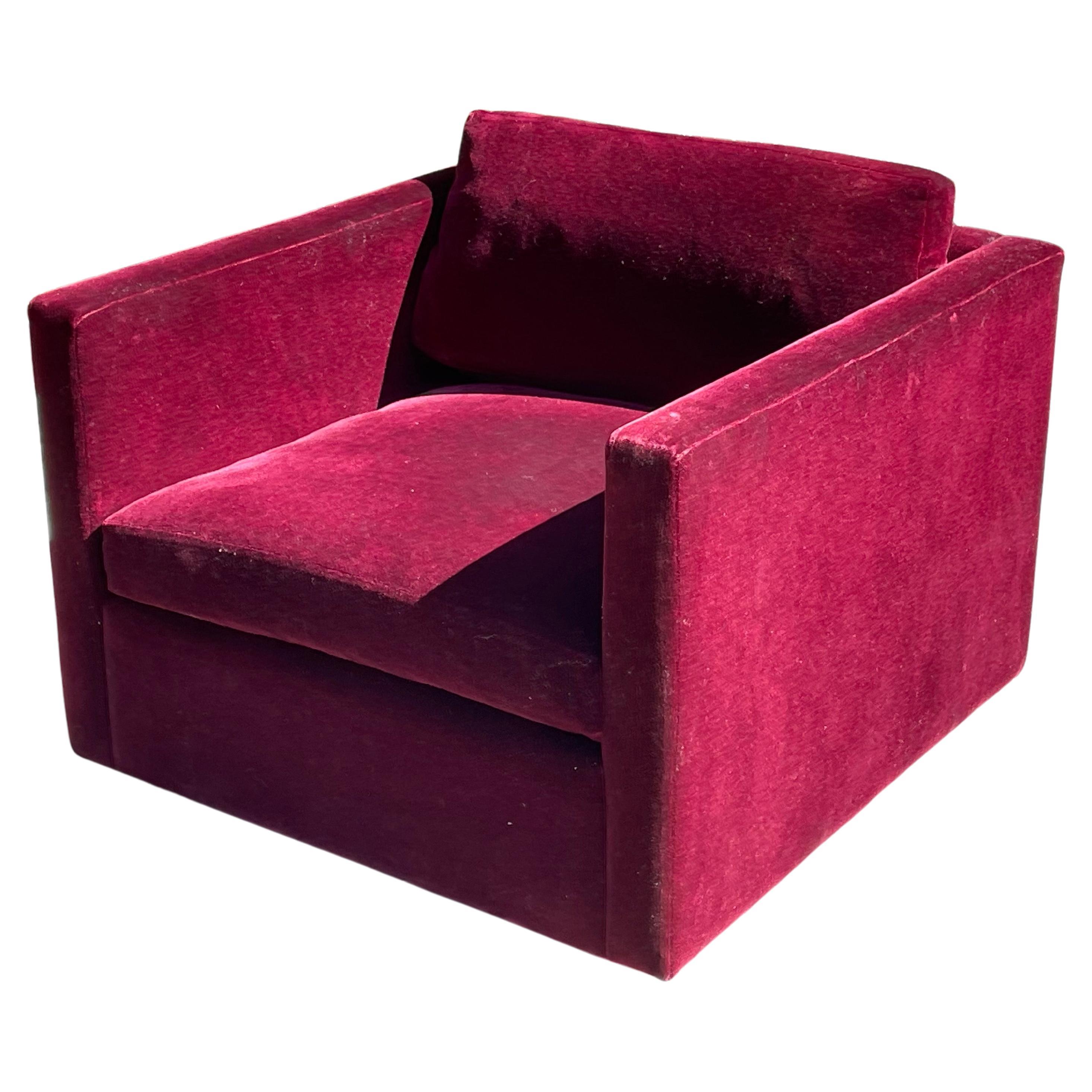 Vintage club chair designed by Charles Pfister for Knoll. USA, ca. 1970s. 

Upholstered in a fabulous deep red mohair. Features down cushions and metal legs. Original upholstery shows very well. 

NOTE: The matching red mohair sofa is also