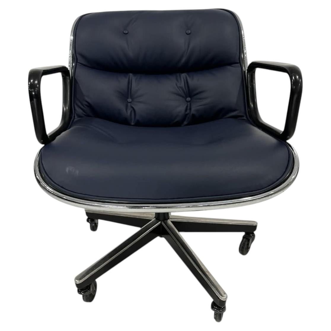 Knoll Pollock Chair in Navy Blue Leather, Steel Frame For Sale
