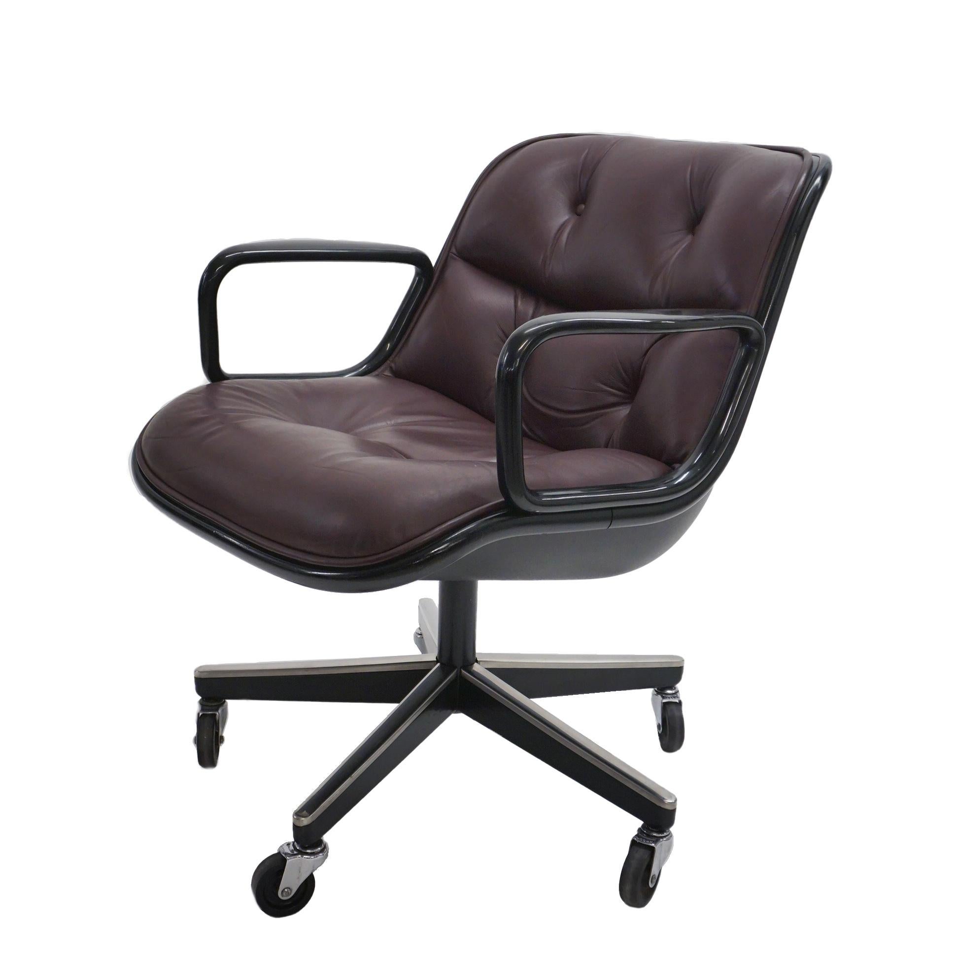 Offering the classic Pollock Executive Chair in this beautiful aubergine leather, black steel frame, in good condition. The leather upholstery has been recently redone and in excellent condition.

Charles Pollock was a master of design who's work