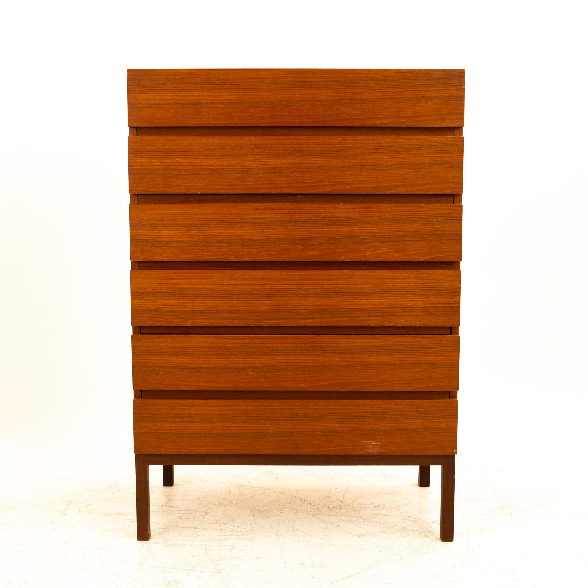 Reff Mid Century teak 5-drawer highboy dresser
Dresser measures: 31.5 wide x 18.75 deep x 46 high

All pieces of furniture can be had in what we call restored vintage condition. That means the piece is restored upon purchase so it’s free of