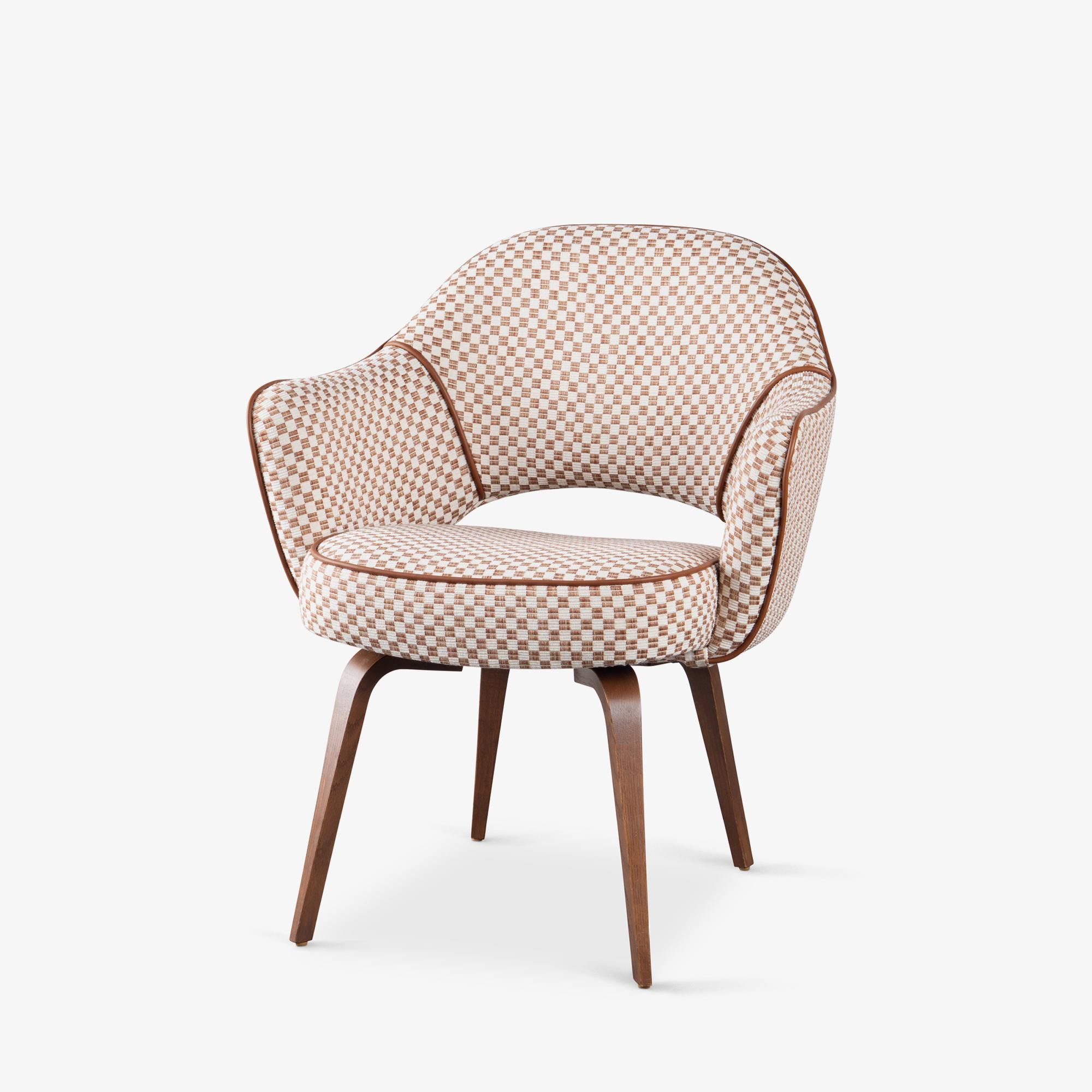 Mid-Century Modern Knoll Saarinen Executive Arm Chairs in Schumacher Fabric, Leather, & Walnut For Sale