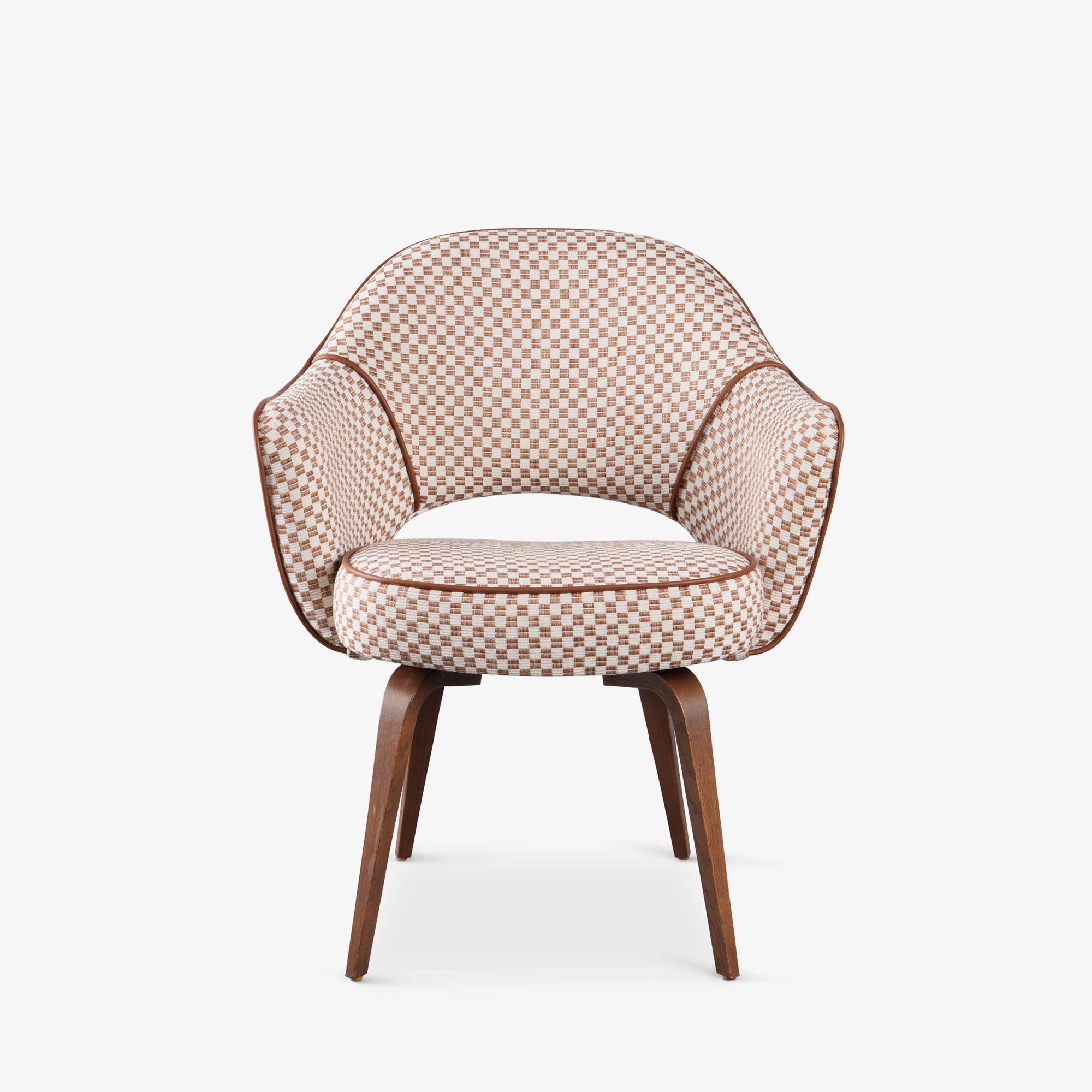 American Knoll Saarinen Executive Arm Chairs in Schumacher Fabric, Leather, & Walnut For Sale
