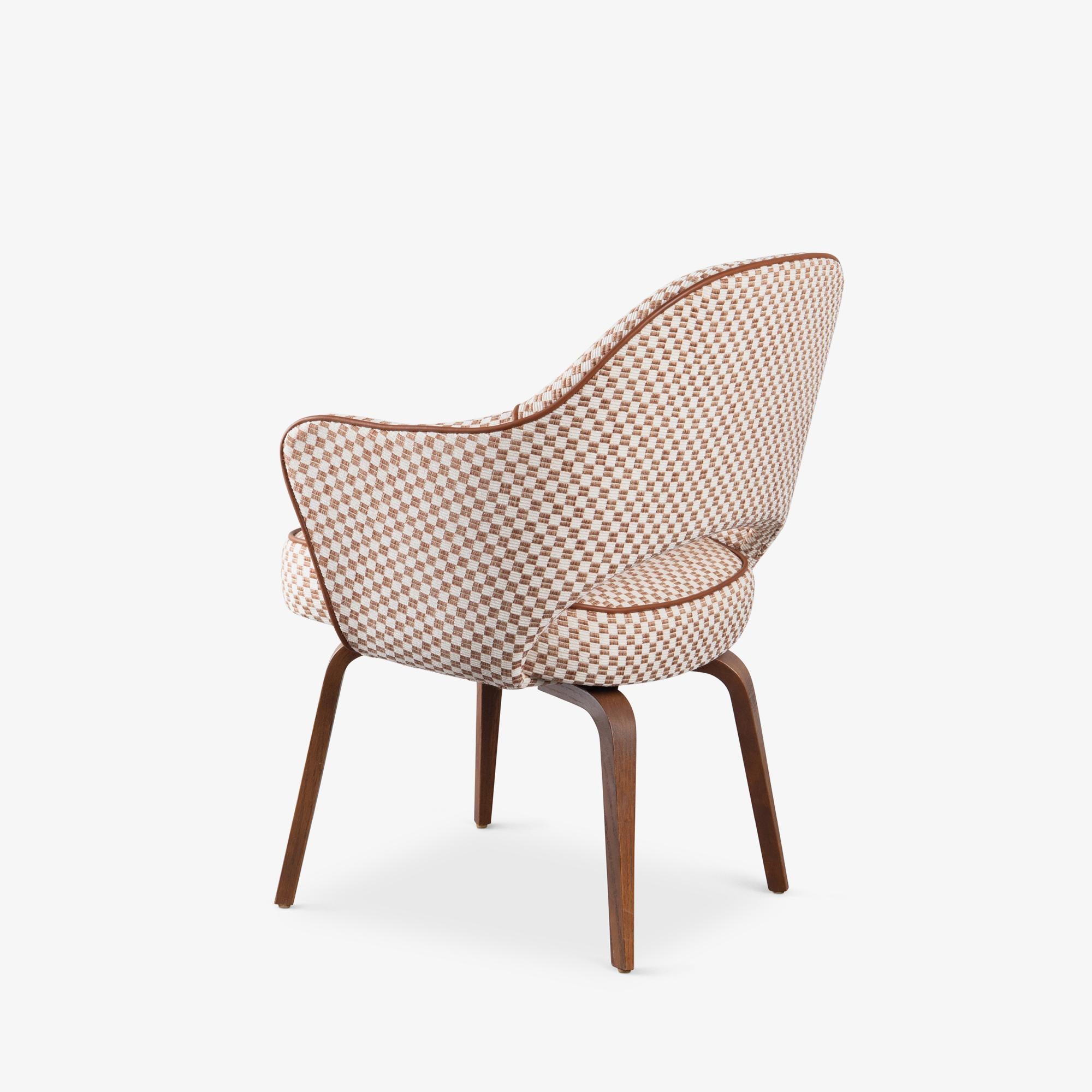 Contemporary Knoll Saarinen Executive Arm Chairs in Schumacher Fabric, Leather, & Walnut For Sale