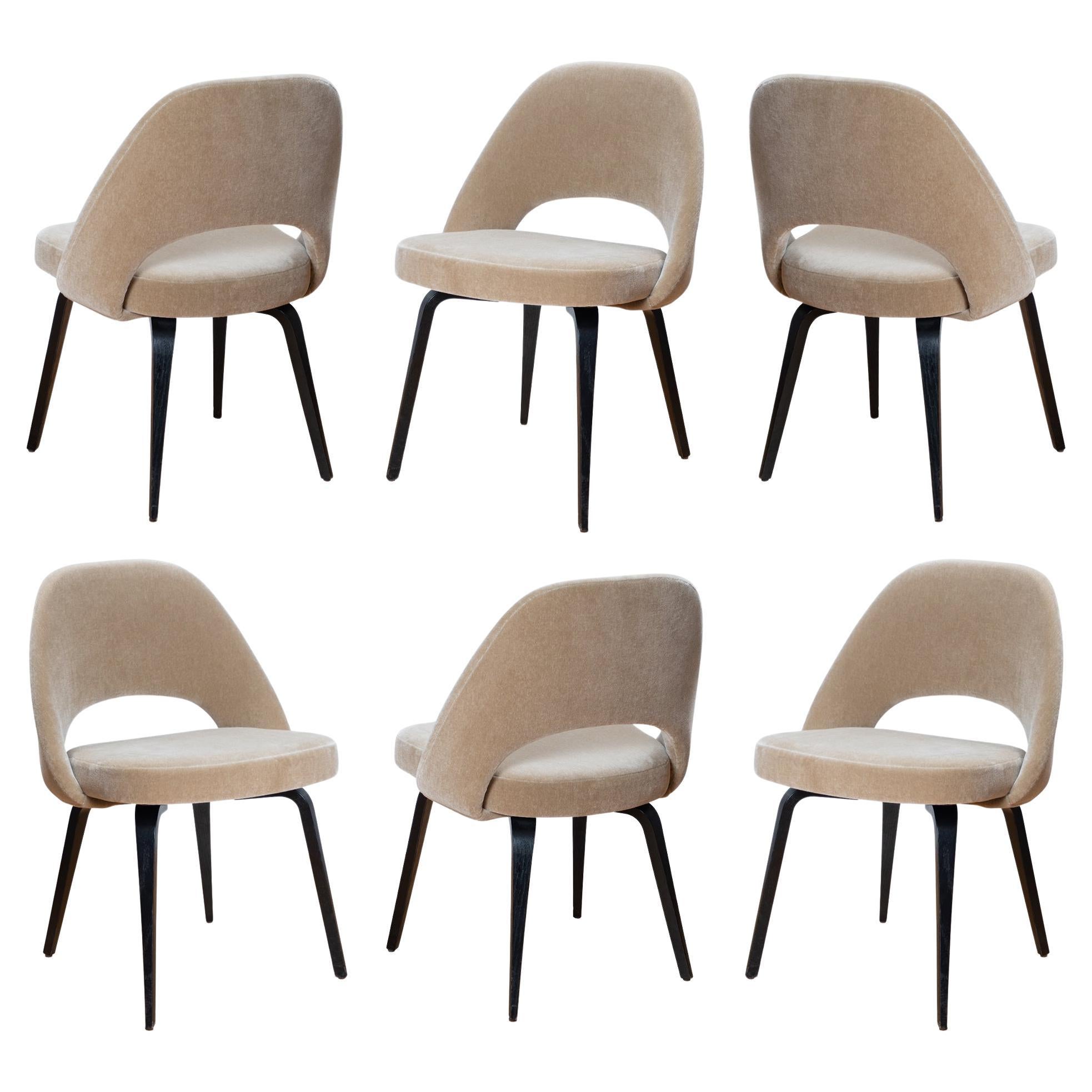 Knoll Saarinen Executive Armless Chairs in Sand Mohair, Ebony Legs - Set of 6
