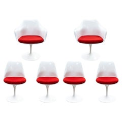 Knoll Saarinen Mid Century Modern White and Red Tulip Dining Chairs 2 Arm 4 Side