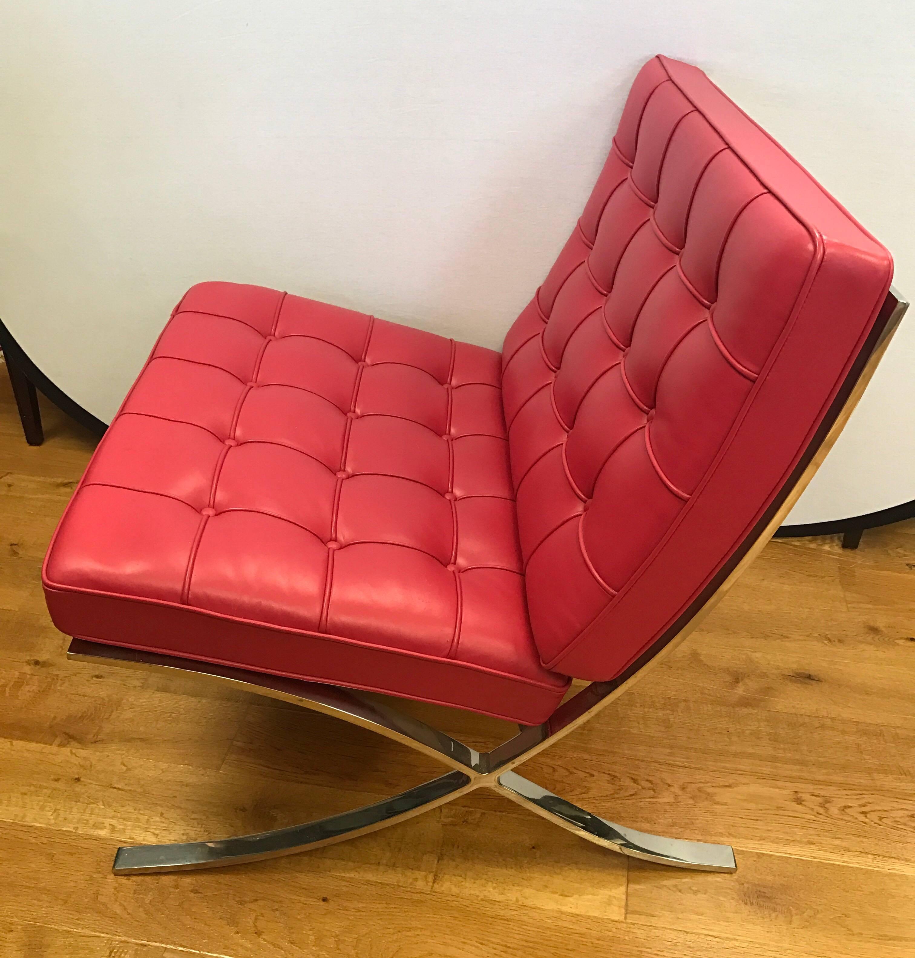 American Knoll Signed Rare Magenta Colored Leather Barcelona Chair Mies van der Rohe