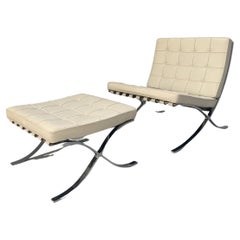 Knoll Studio “Barcelona” Lounge Chair & Ottoman” Suite in Ivory Leather