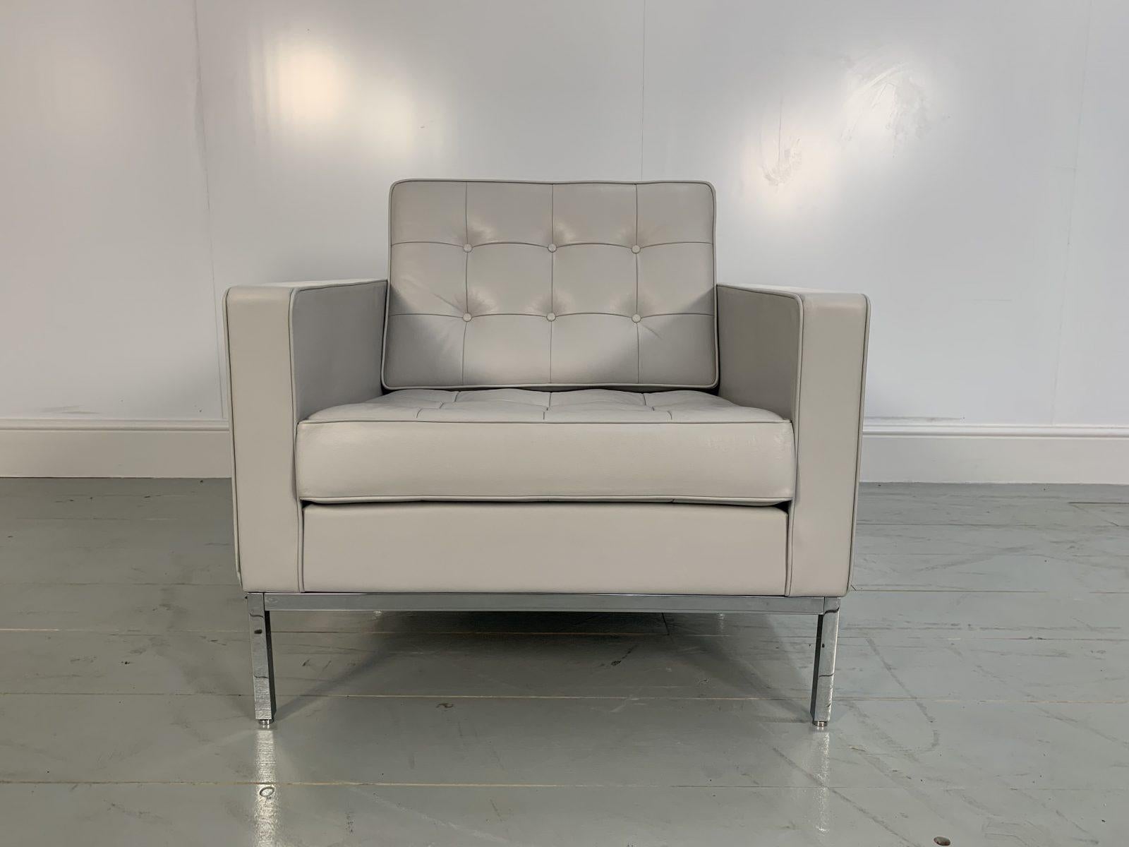 On offer on this occasion is a rare, original “Florence Knoll” Lounge Chair from the world renown furniture house of Knoll Studio, dressed in their sublime Knoll “Volo” Leather in Pale-Grey, and with Polished Chrome framework.

As you will no